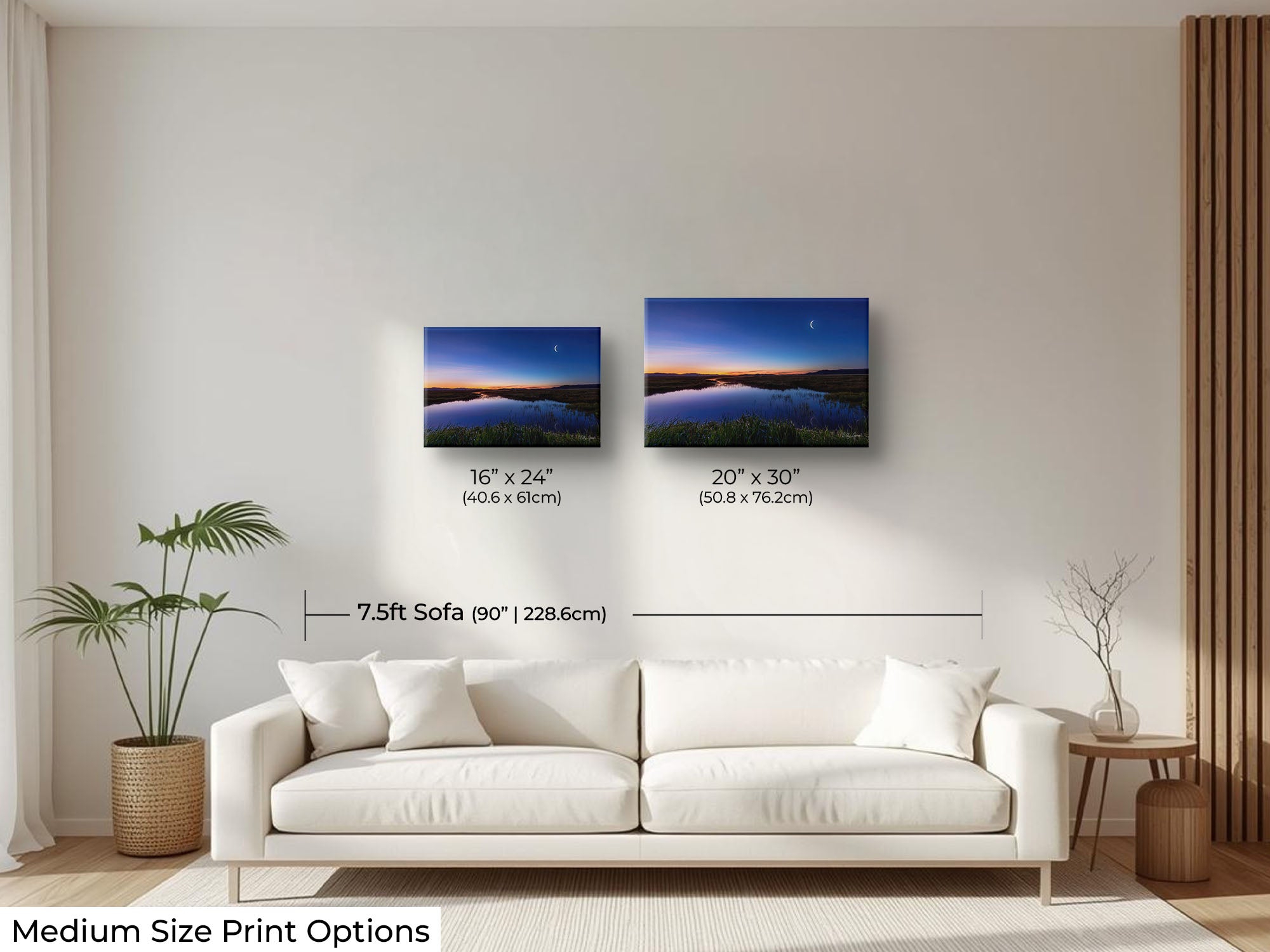 Camas Prairie Marsh in Idaho at sunrise with moon and stars fine art print wall art size mockup showing 16x24 and 20x30 inch prints above a seven and a half foot sofa
