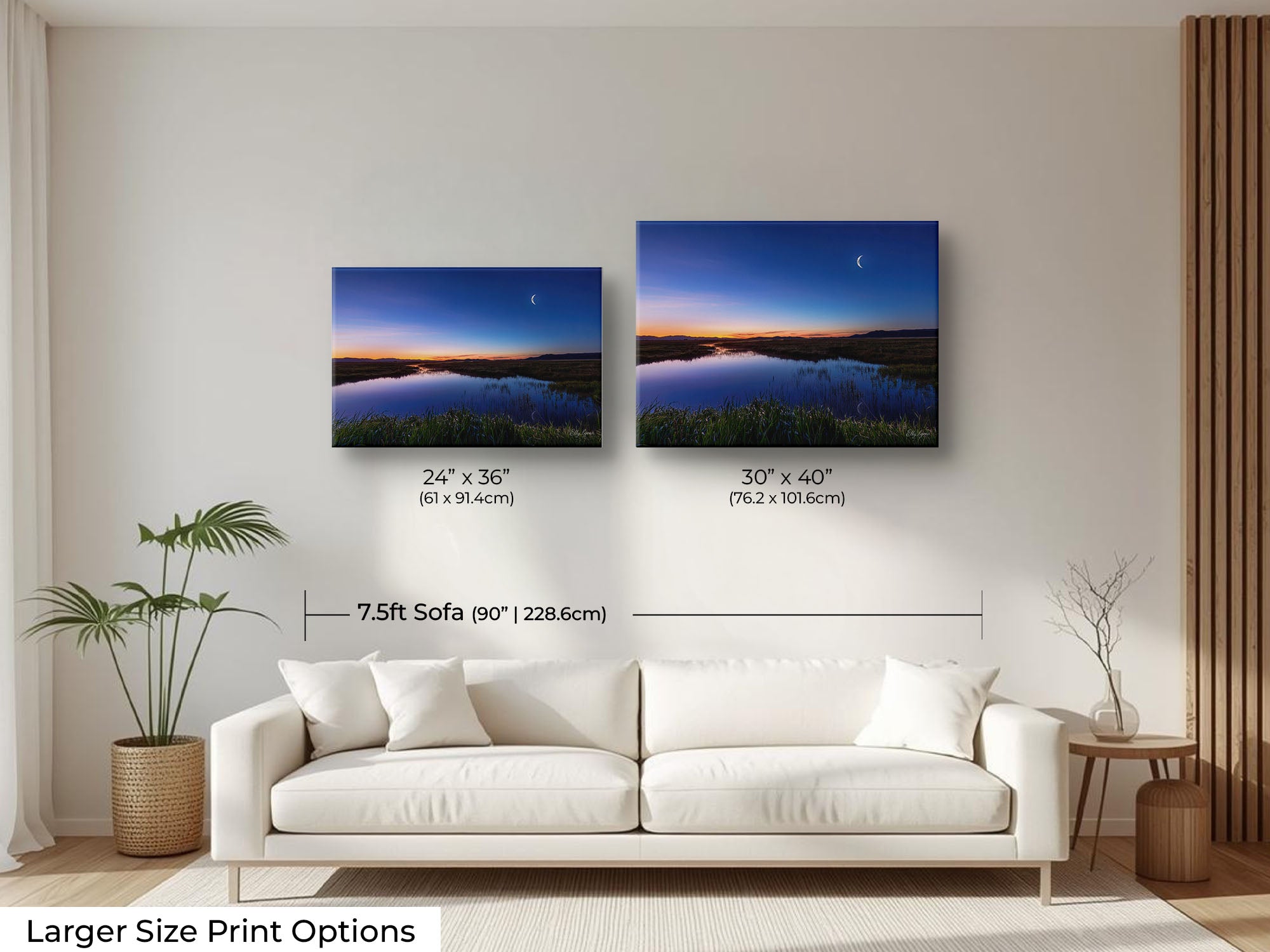 Camas Prairie Marsh in Idaho at sunrise with moon and stars fine art print wall art size mockup showing 24x36 and 30x40 inch prints above a seven and a half foot sofa
