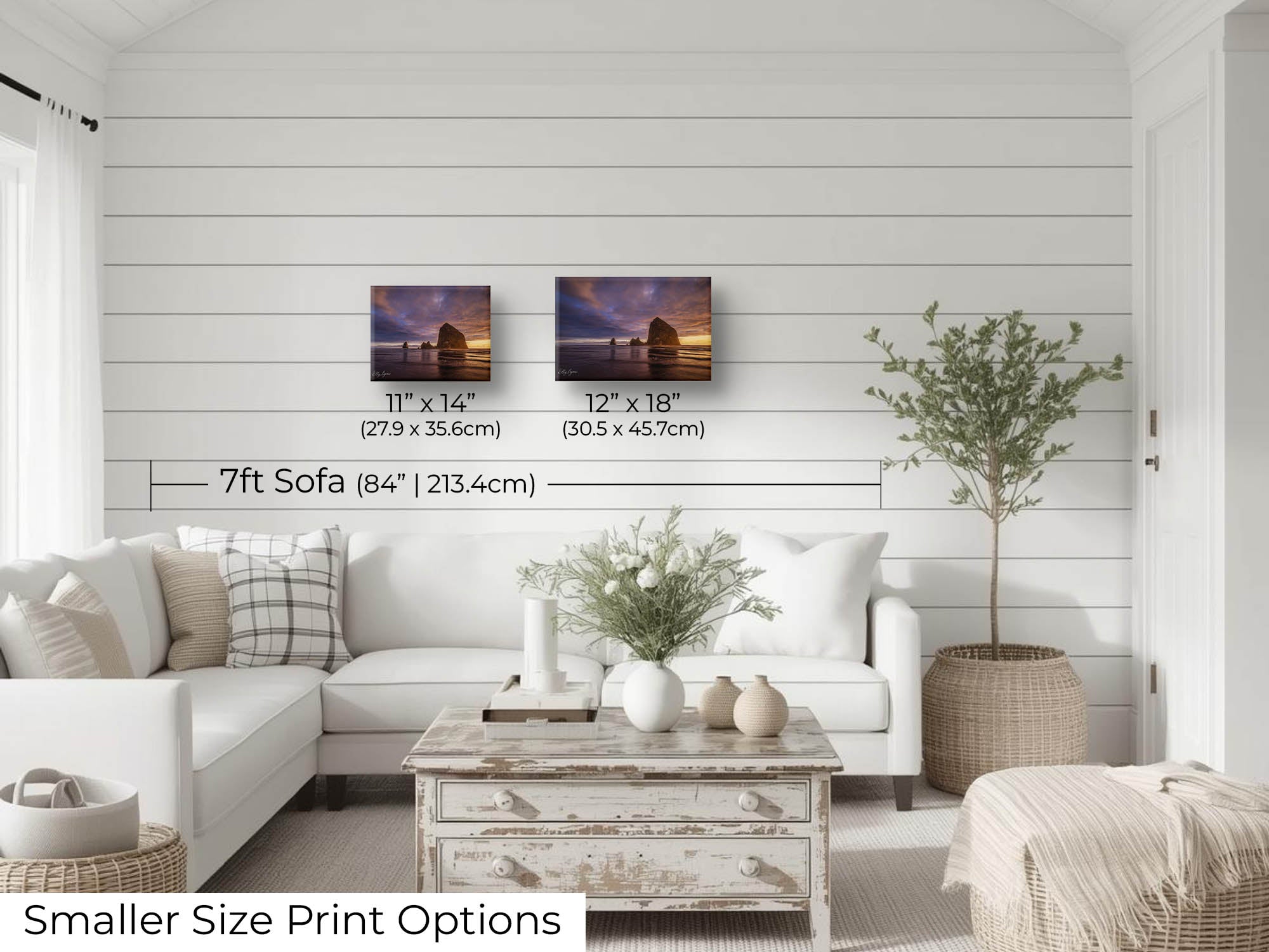 Canon Beach Oregon Haystack Rock sunset fine art print wall art size mockup showing 11x14 and 12x18 inch prints above a seven foot sofa 