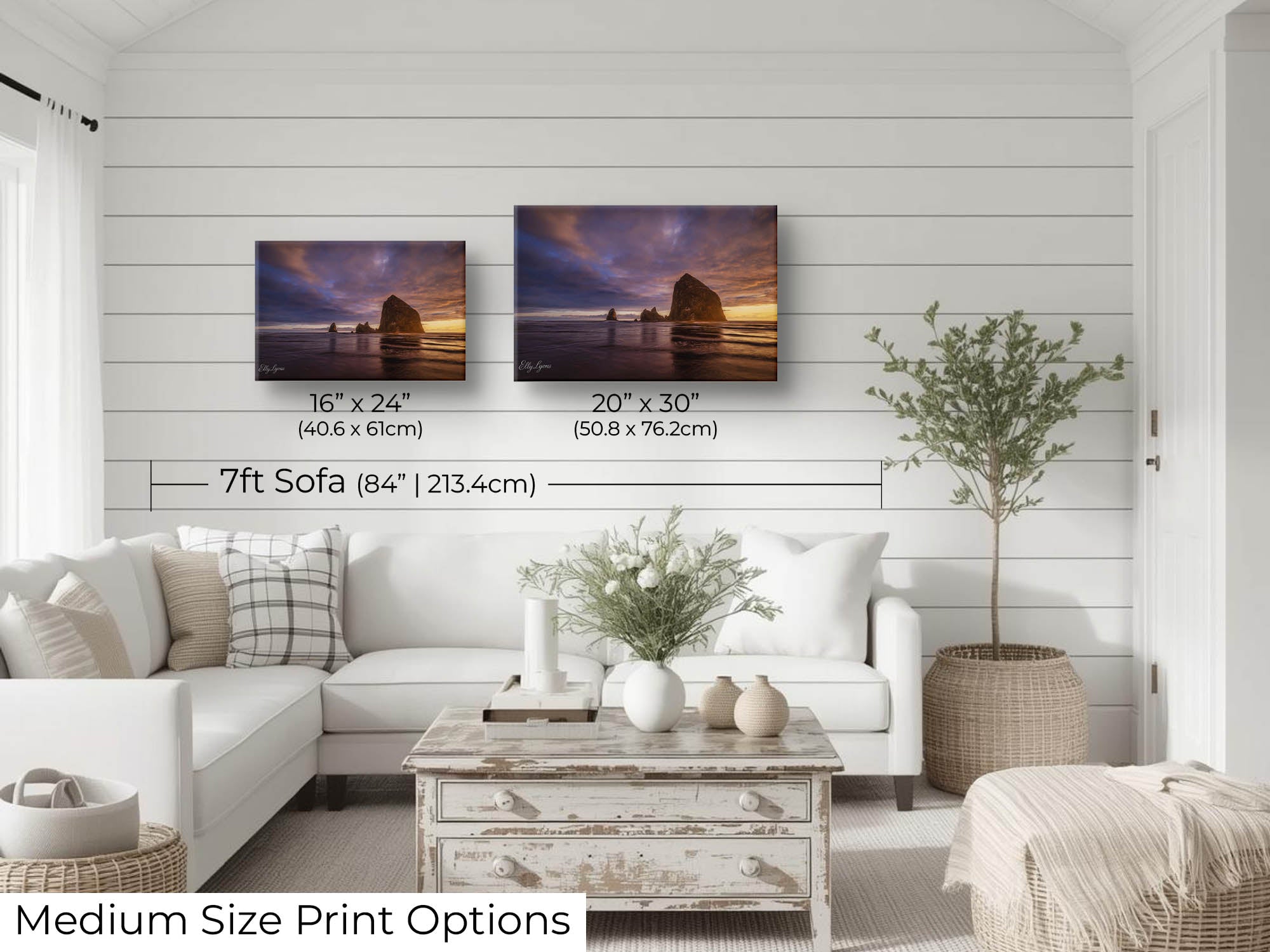 Canon Beach Oregon Haystack Rock sunset fine art print wall art size mockup showing 16x24 and 20x30 inch prints above a seven foot sofa 