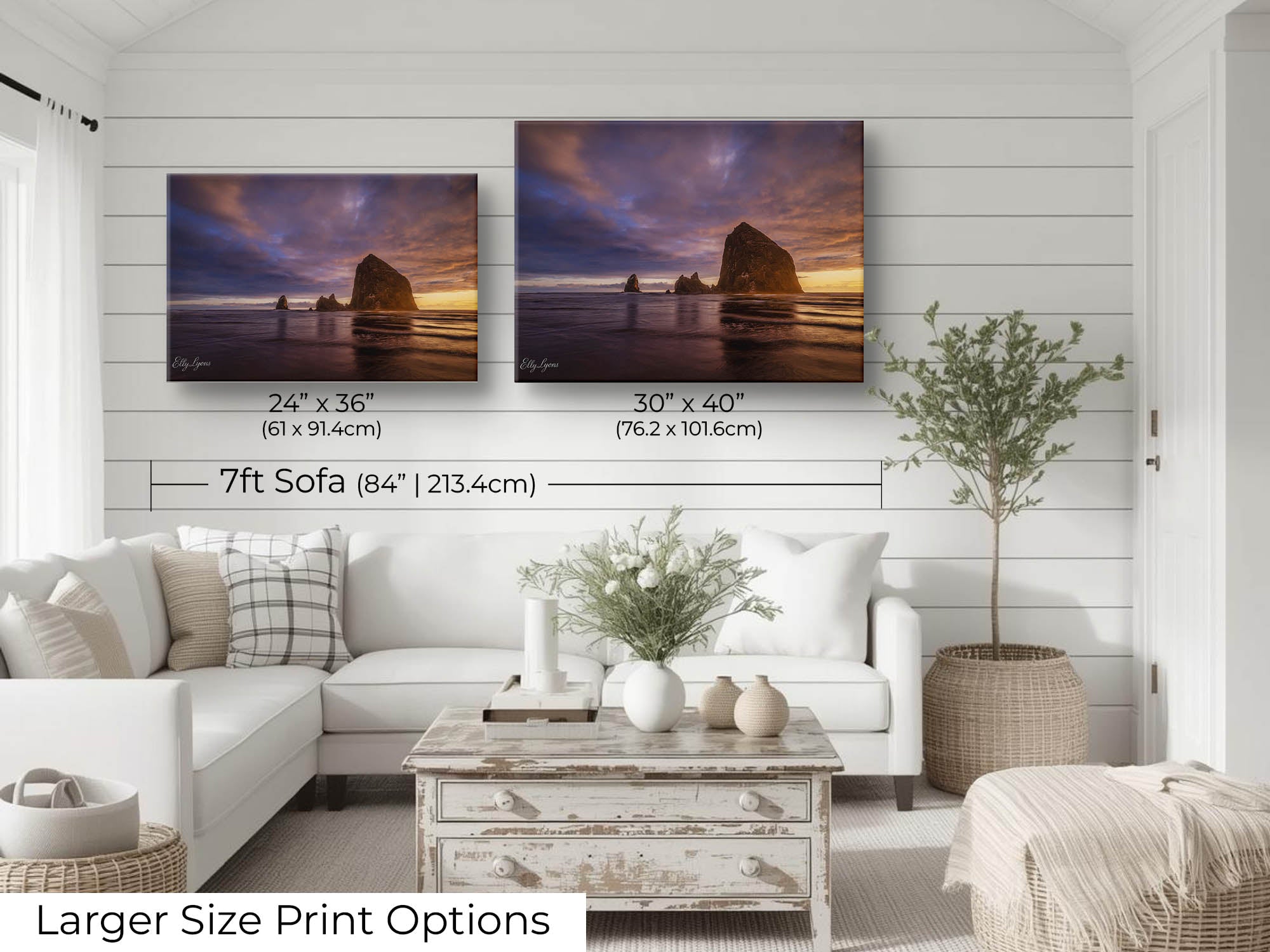 Canon Beach Oregon Haystack Rock sunset fine art print wall art size mockup showing 24x36 and 30x40 inch prints above a seven foot sofa 