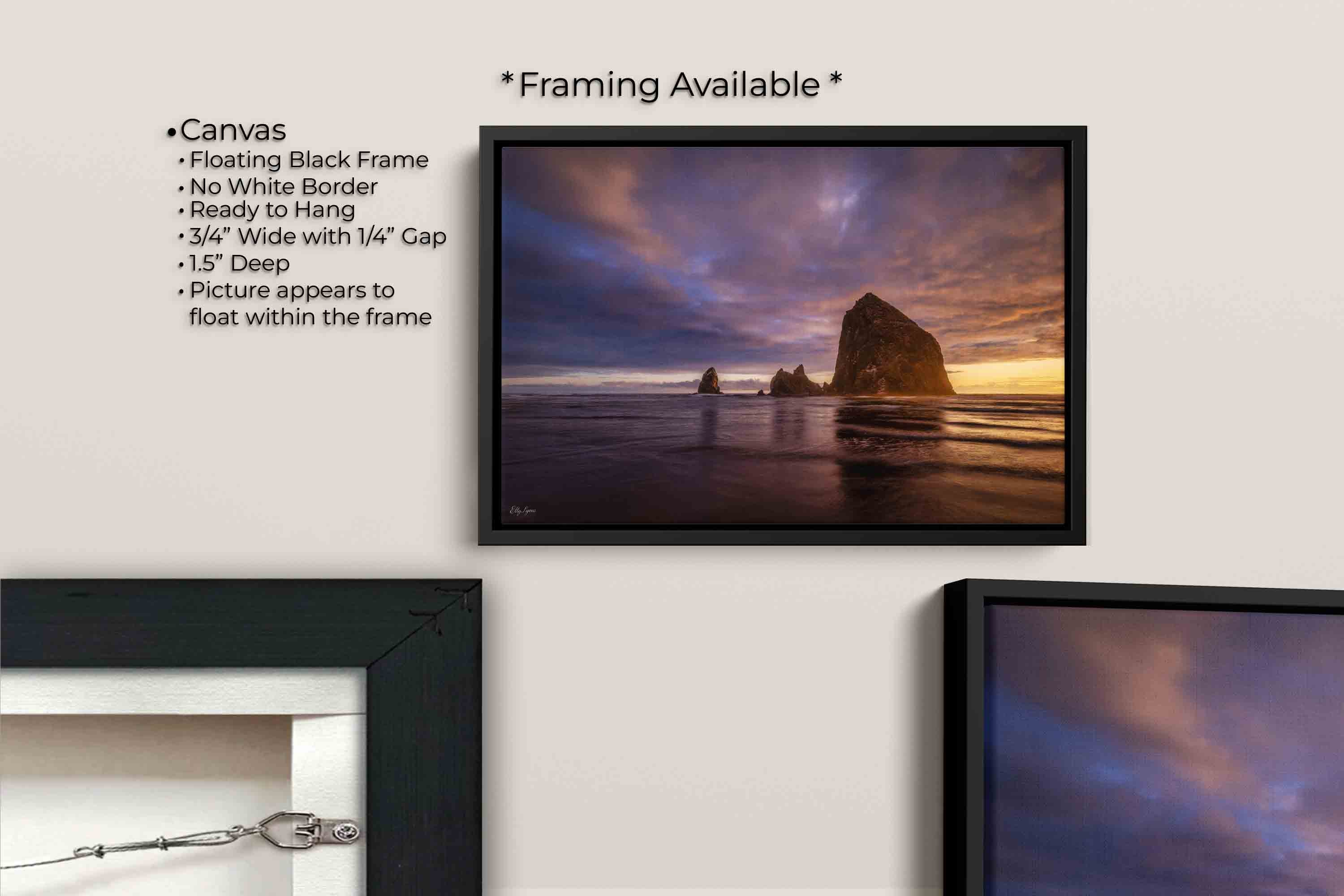 Canon Beach Oregon Haystack Rock sunset fine art print canvas wall art in black float frame, canvas framing option details