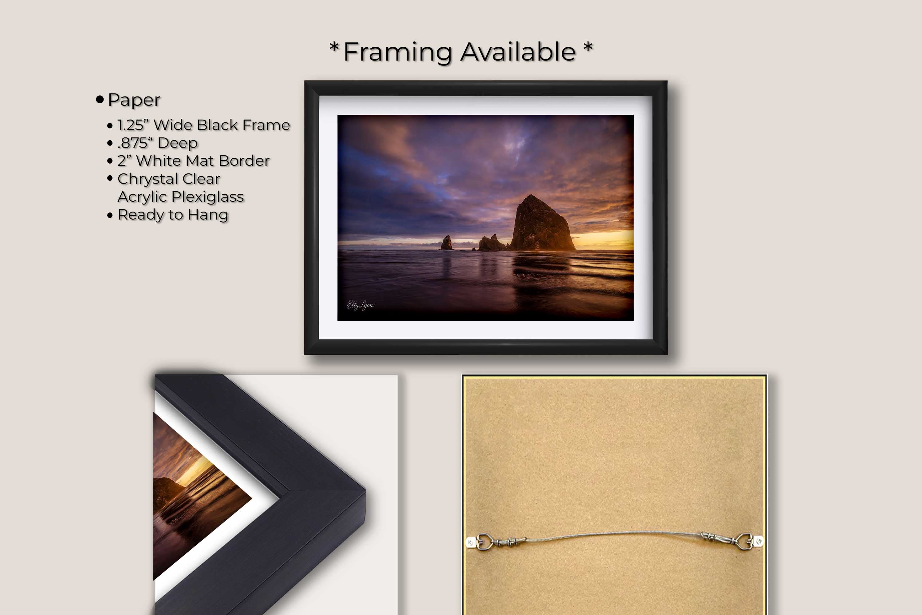 Canon Beach Oregon Haystack Rock sunset fine art print in black frame with white mat, paper and framing option details