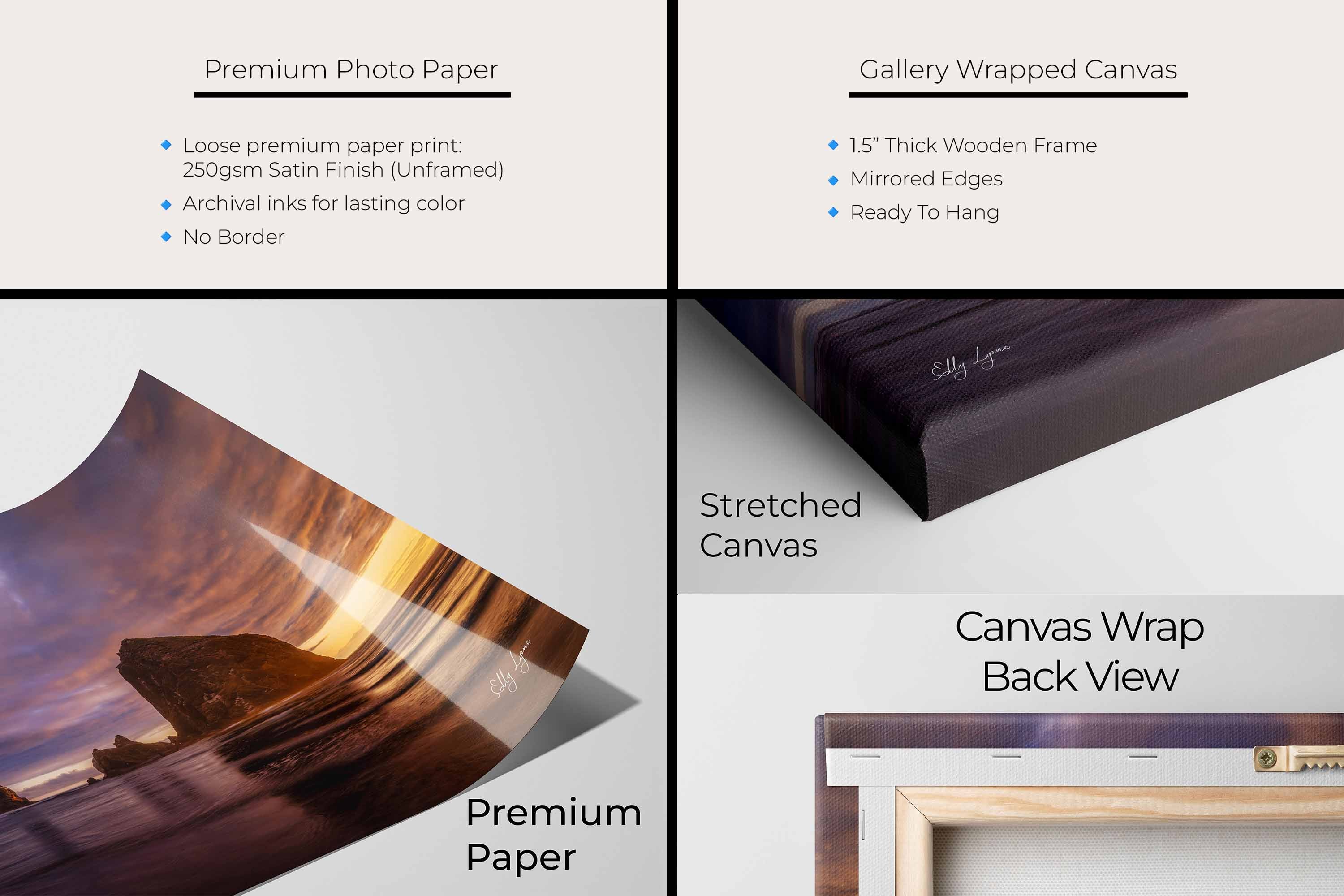 Canon Beach Oregon Haystack Rock sunset fine art print artwork materials mockup showing premium photo paper and gallery wrapped canvas close up