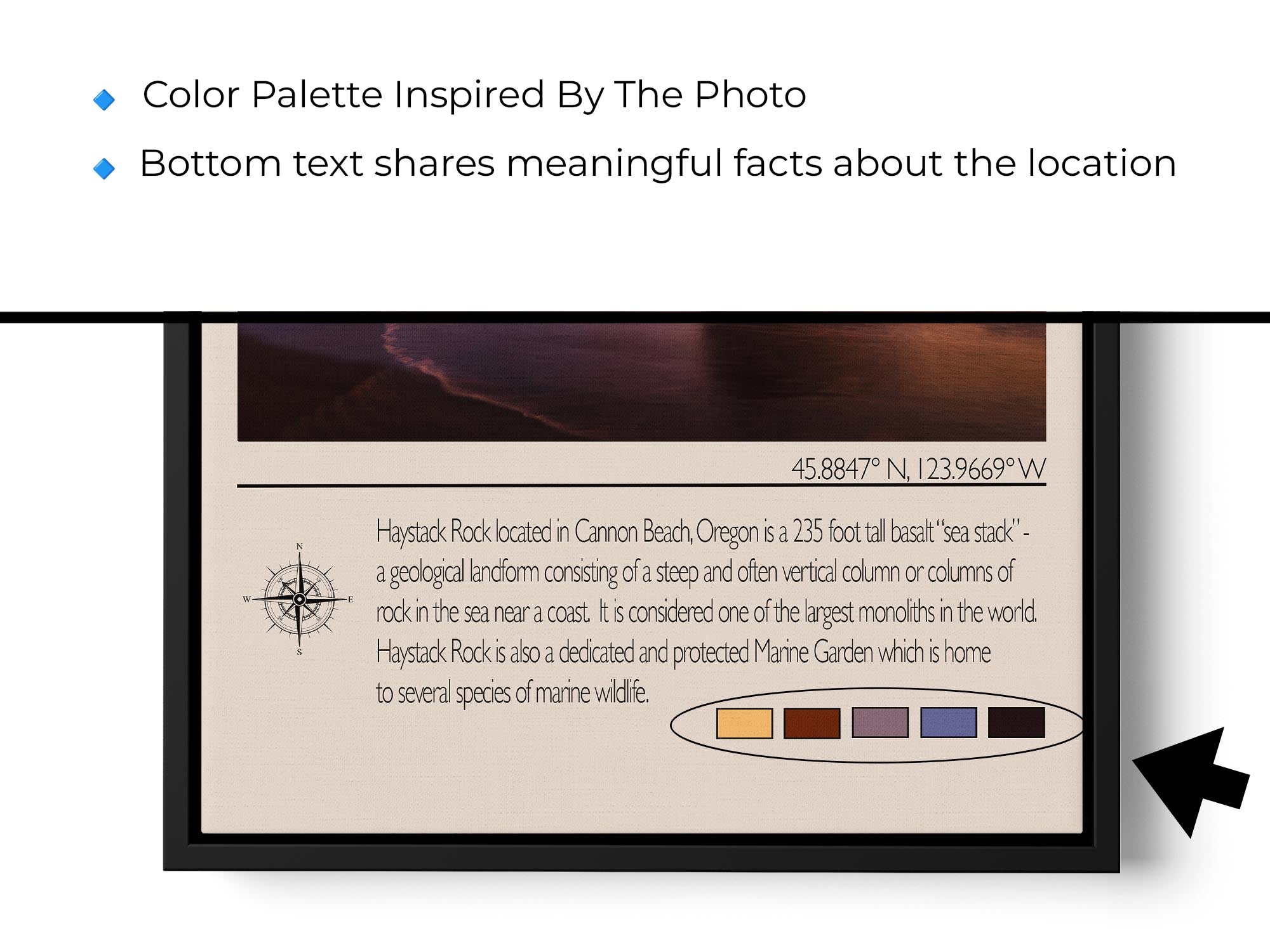 Canon Beach travel poster featuring Haystack Rock at sunset photograph and photo inspired color palette close-up of location facts text and photo inspired color palette