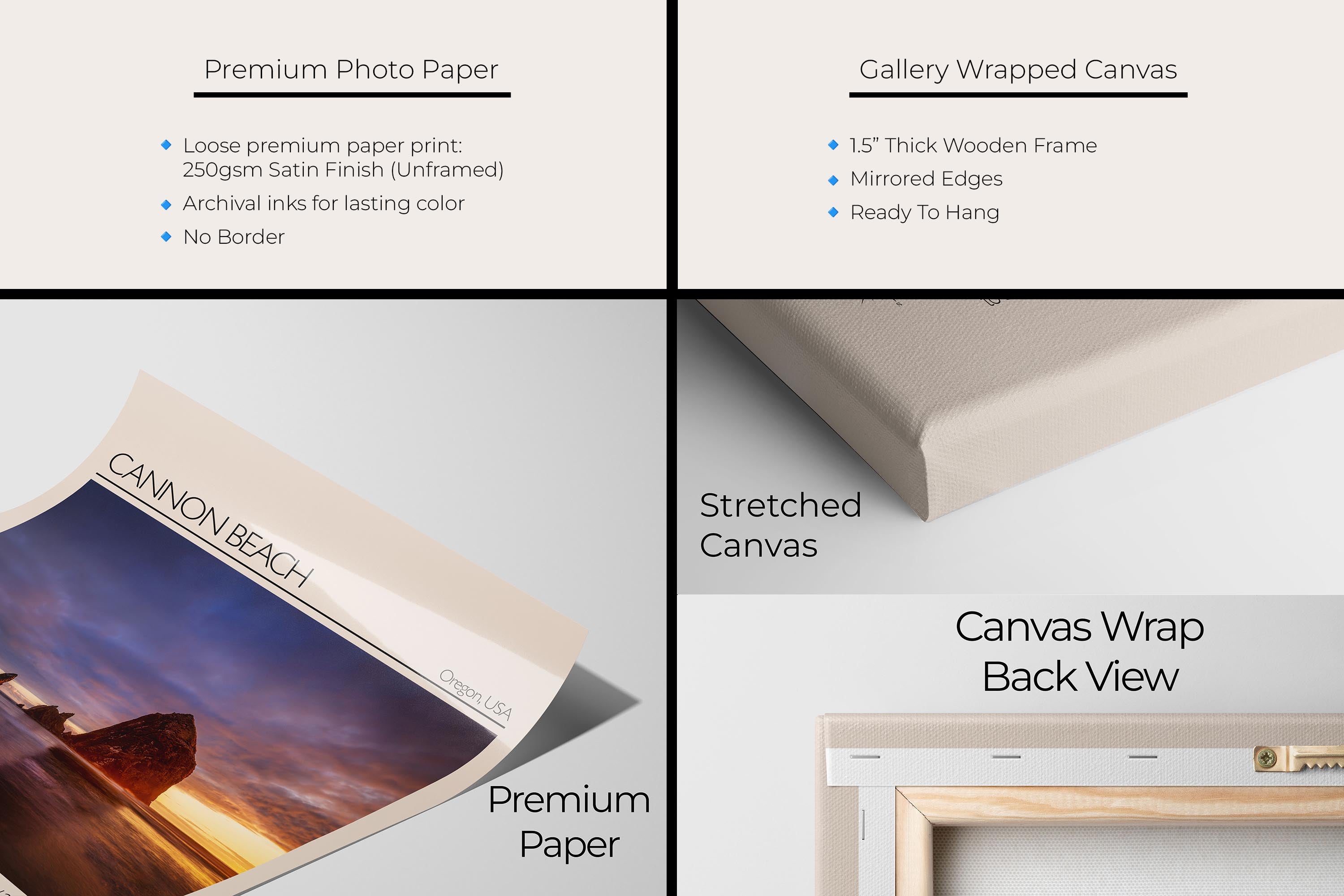 Canon Beach travel poster featuring Haystack Rock at sunset photograph and photo inspired color palette artwork materials mockup showing premium photo paper and gallery wrapped canvas close up