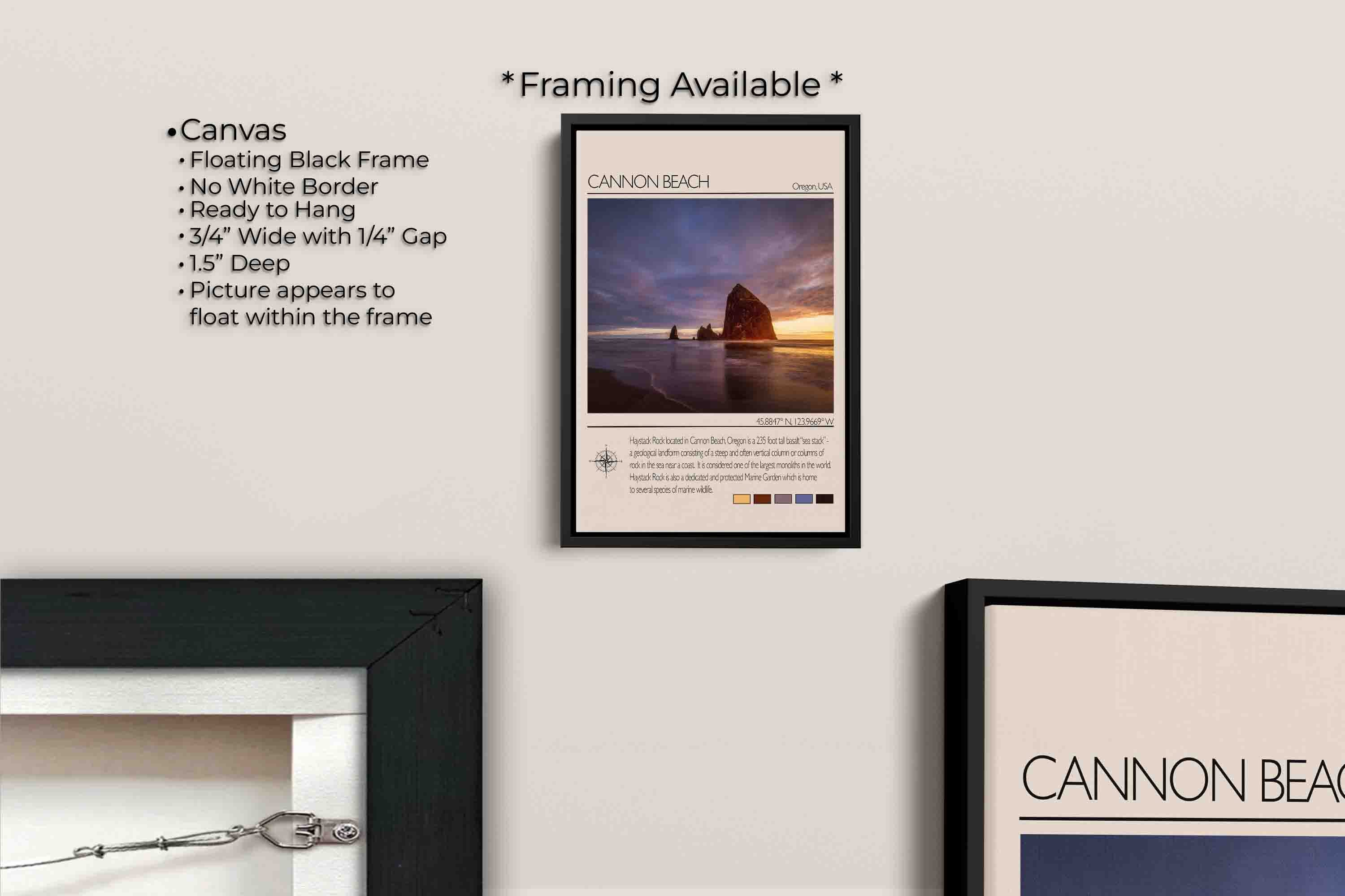 Canon Beach travel poster featuring Haystack Rock at sunset photograph and photo inspired color palette canvas wall art in black float frame, canvas framing option details