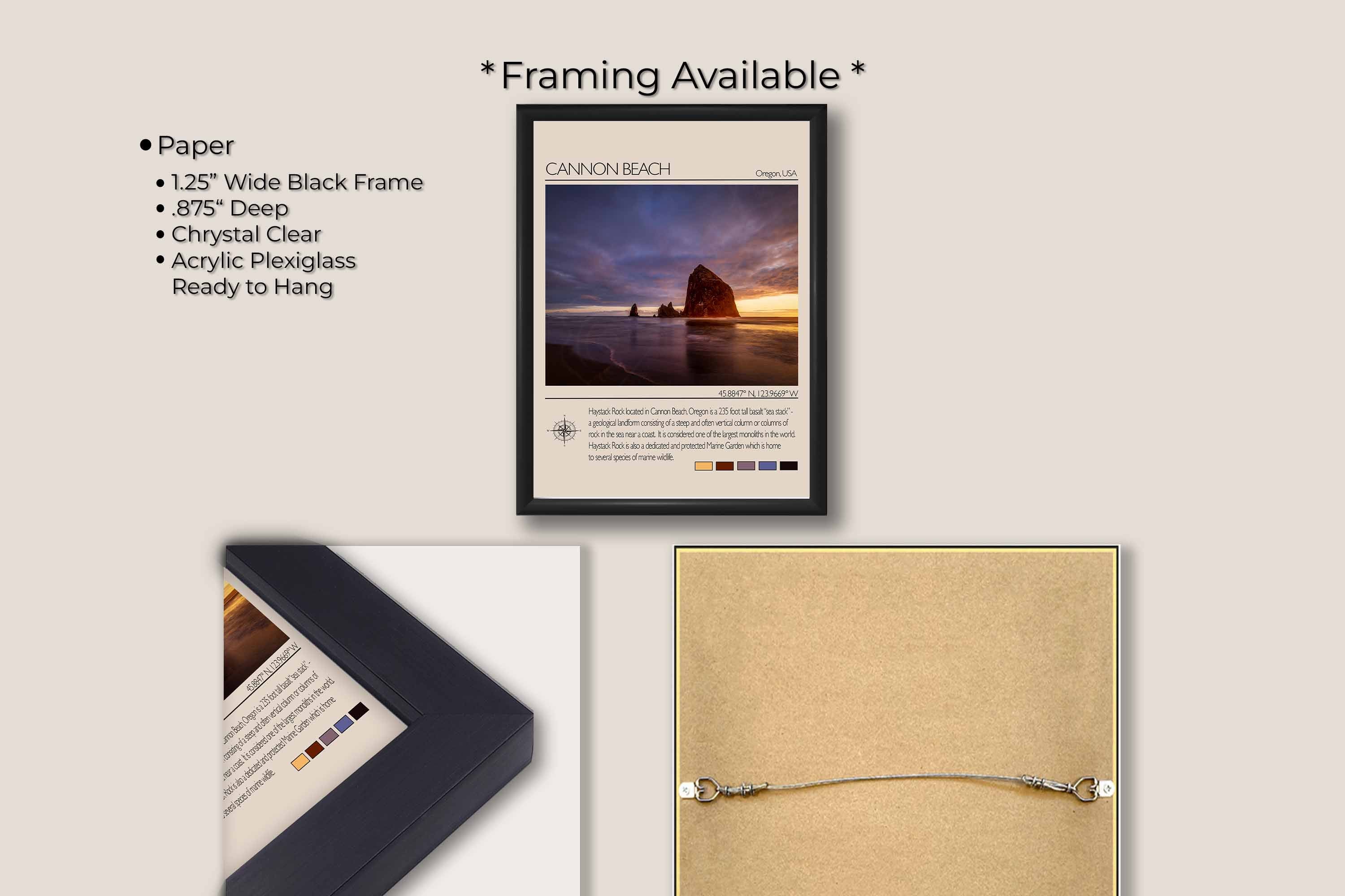 Canon Beach travel poster featuring Haystack Rock at sunset photograph and photo inspired color palette in black frame, paper and framing option details