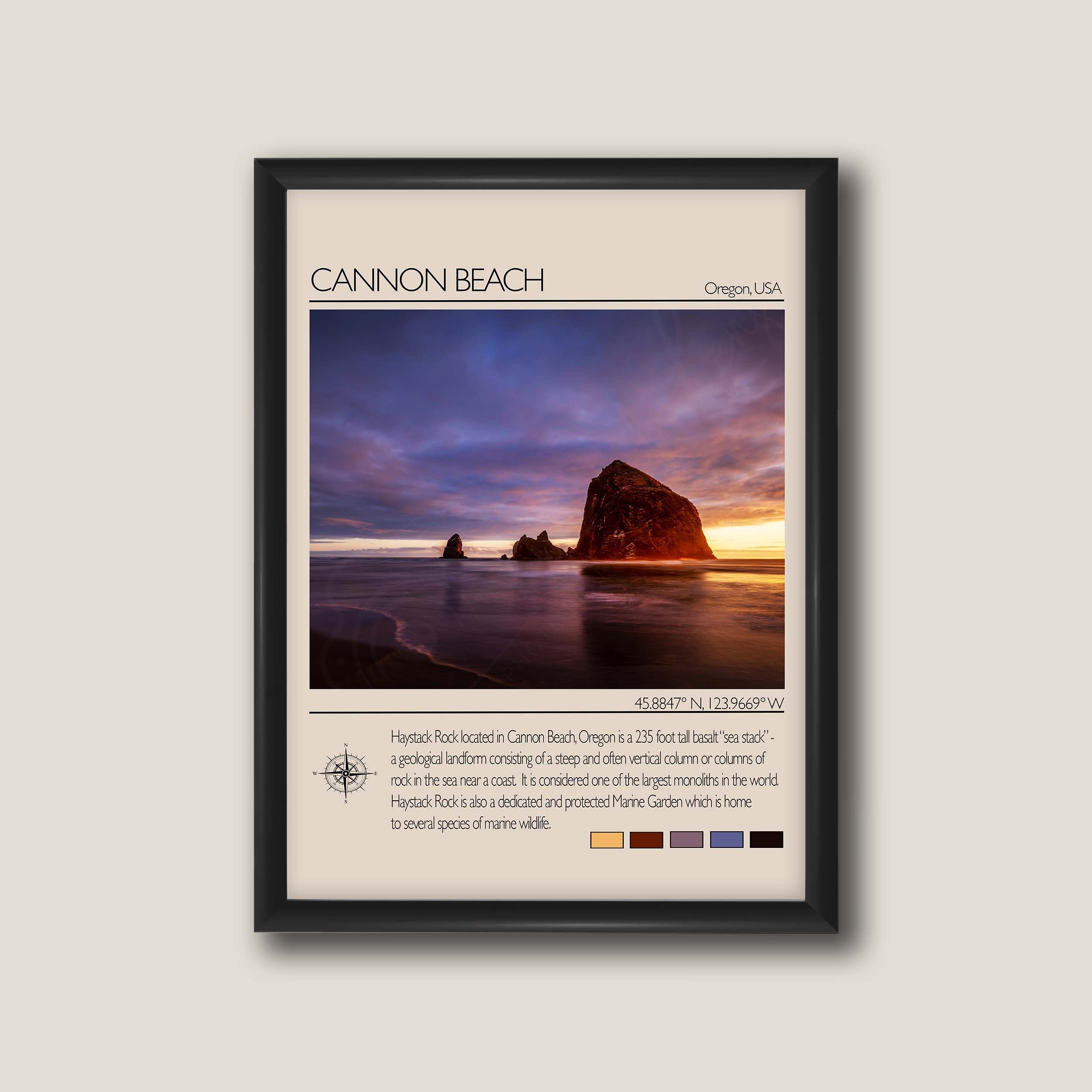 Canon Beach travel poster featuring Haystack Rock at sunset photograph and photo inspired color palette