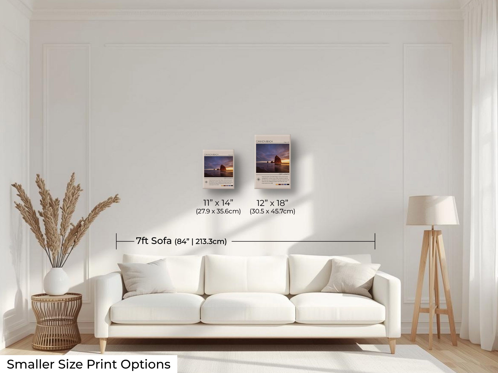 Canon Beach travel poster featuring Haystack Rock at sunset photograph and photo inspired color palette wall art size mockup showing 11x14 and 12x18 inch prints above a seven foot sofa 