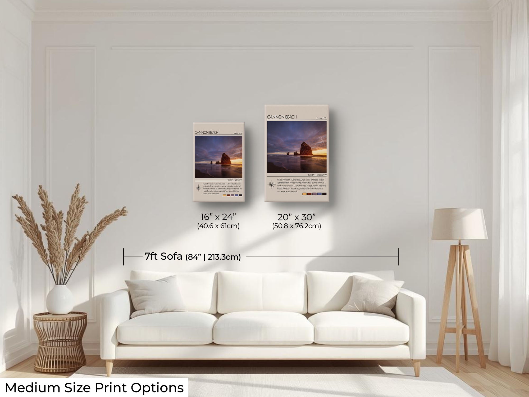 Canon Beach travel poster featuring Haystack Rock at sunset photograph and photo inspired color palette wall art size mockup showing 16x24 and 20x30 inch prints above a seven foot sofa 
