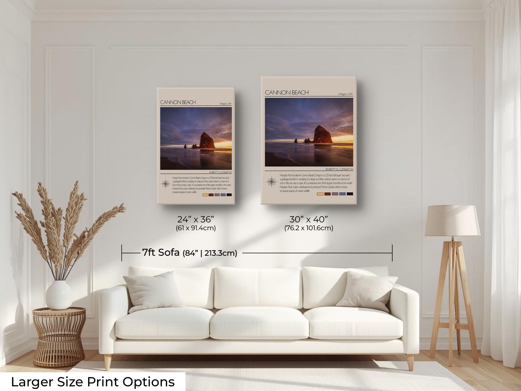 Canon Beach travel poster featuring Haystack Rock at sunset photograph and photo inspired color palette wall art size mockup showing 24x36 and 30x40 inch prints above a seven foot sofa 