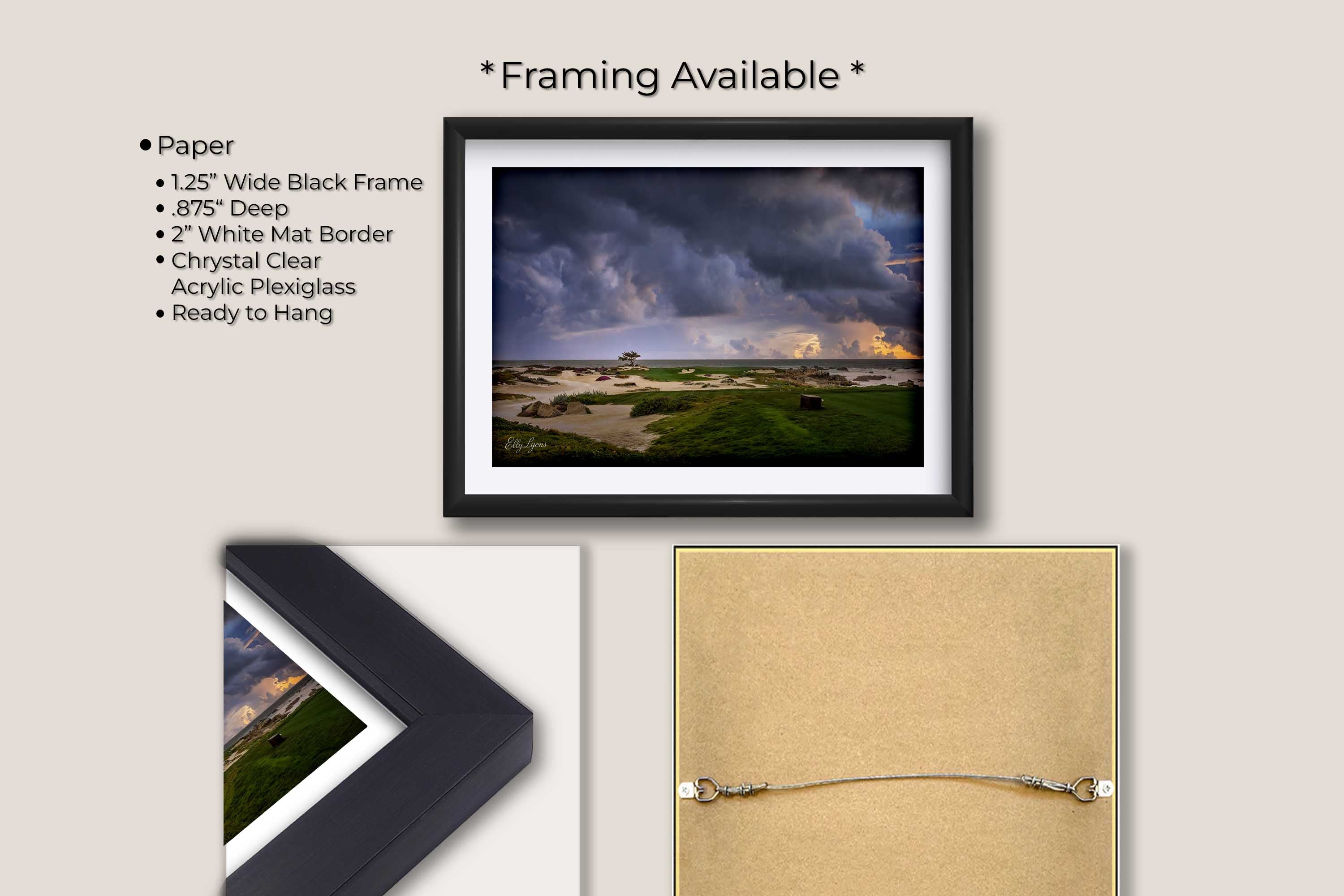 Monterey Golf Club sunset on the green by the ocean shore fine art print in black frame with white mat, paper and framing option details