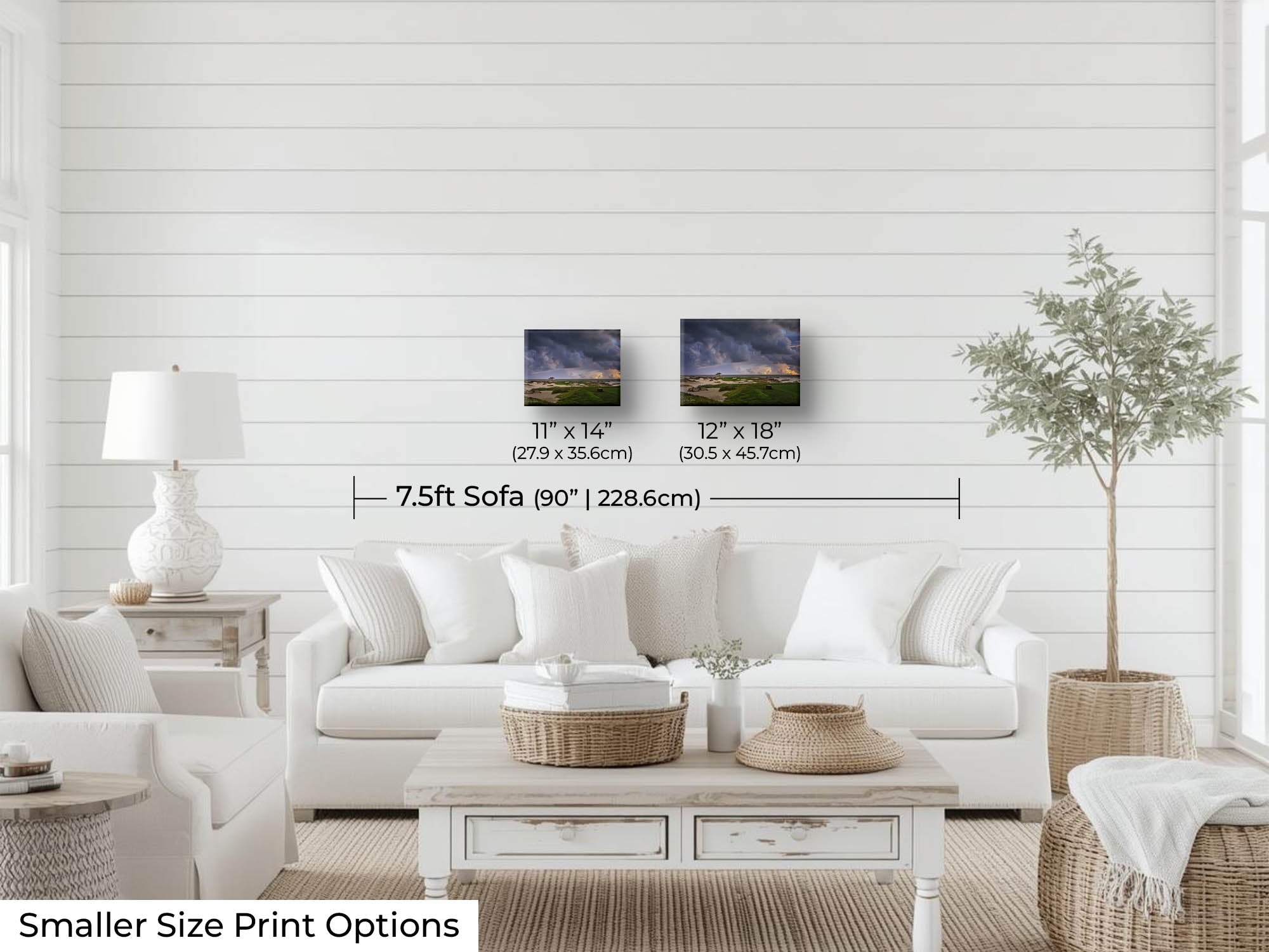 Monterey Golf Club sunset on the green by the ocean shore fine art print wall art size mockup showing 11x14 and 12x18 inch prints above a seven foot so