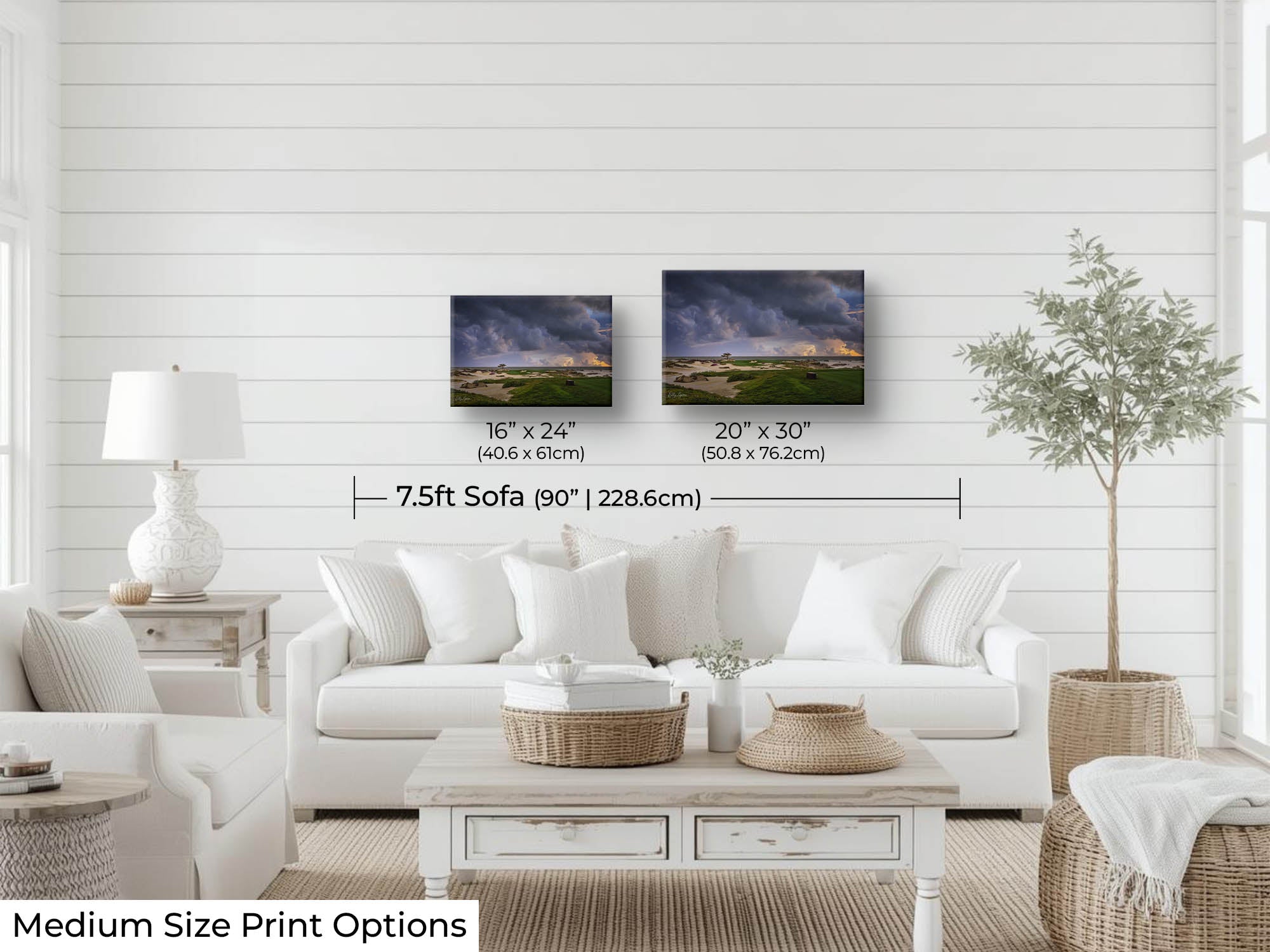 Monterey Golf Club sunset on the green by the ocean shore fine art print wall art size mockup showing 16x24 and 20x30 inch prints above a seven foot sofa