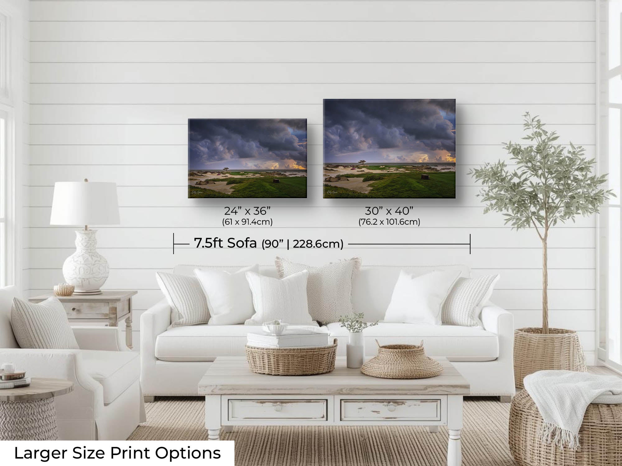 Monterey Golf Club sunset on the green by the ocean shore fine art print wall art size mockup showing 24x36 and 30x40 inch prints above a seven foot so