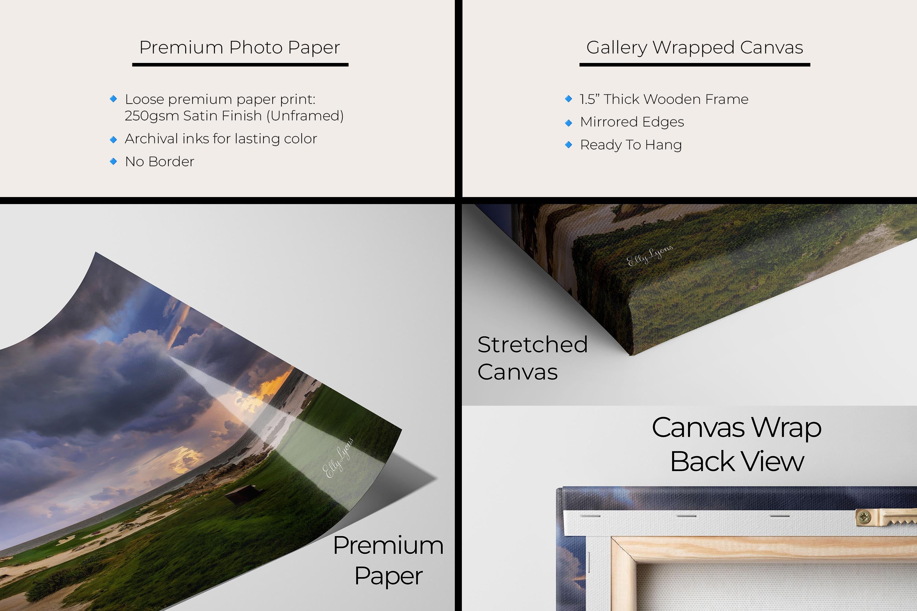 Monterey Golf Club sunset on the green by the ocean shore fine art print artwork materials mockup showing premium photo paper and gallery wrapped canvas close up