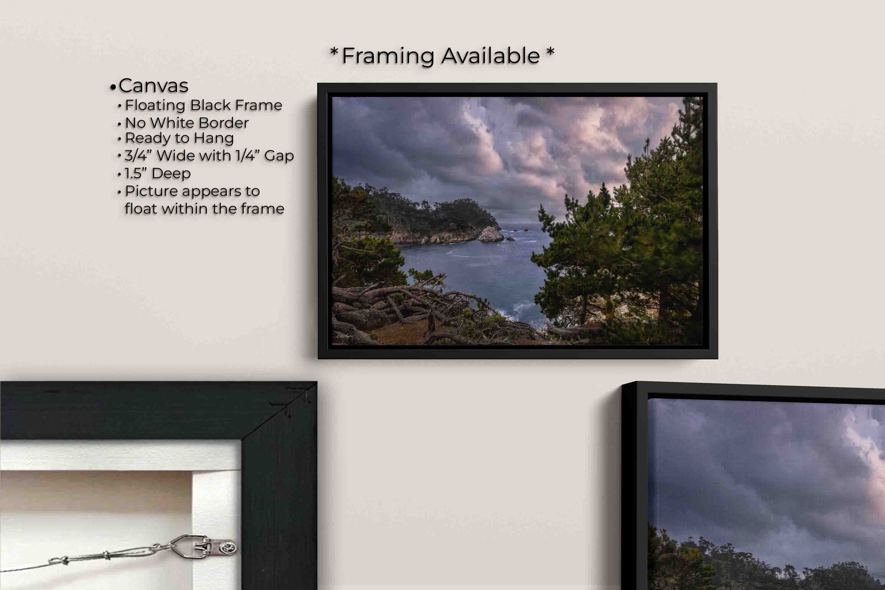 California Carmel Point Lobos beach sunset fine art print canvas wall art in black float frame, canvas framing option details