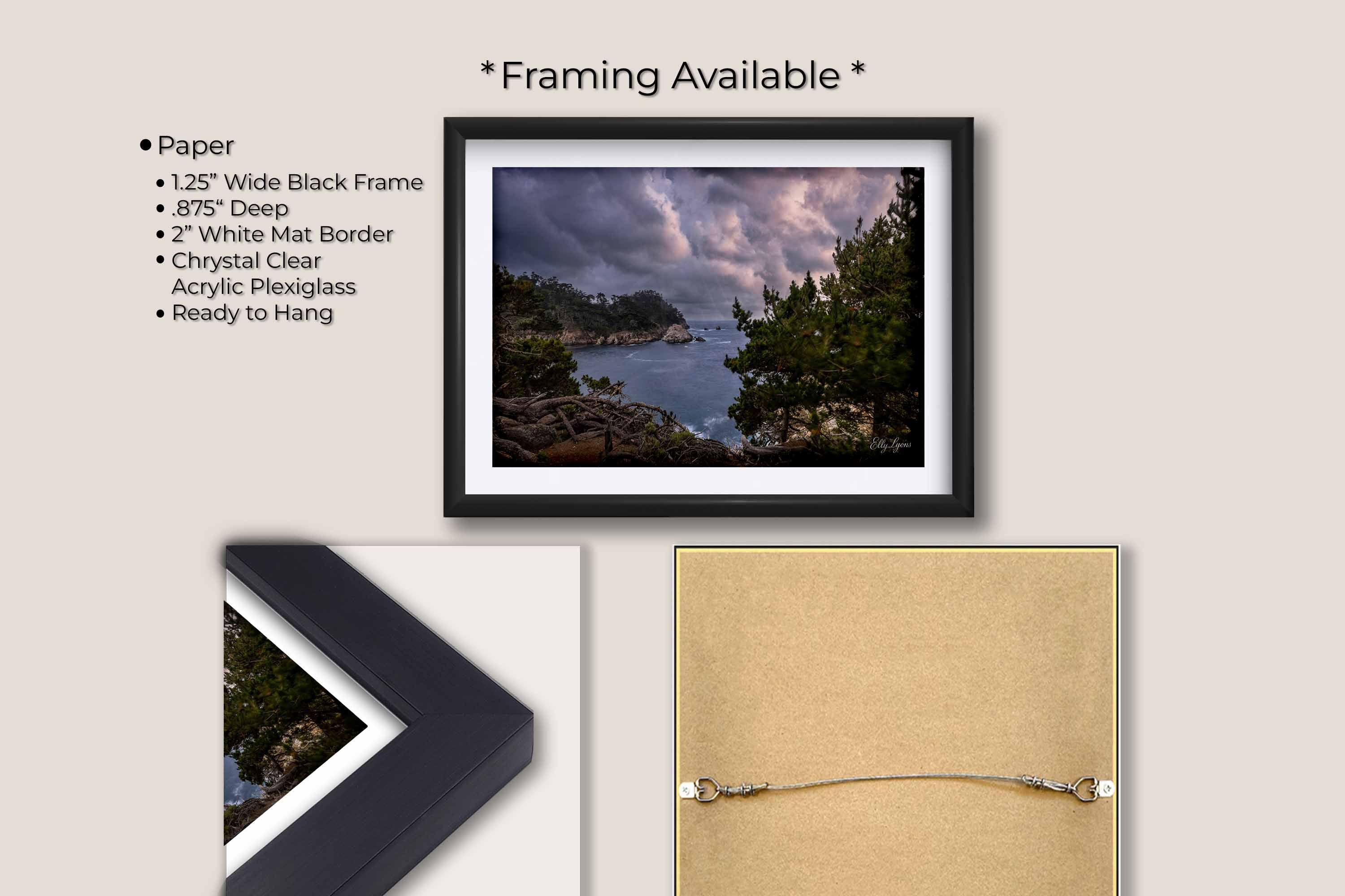 California Carmel Point Lobos beach sunset fine art print in black frame with white mat, paper and framing option details