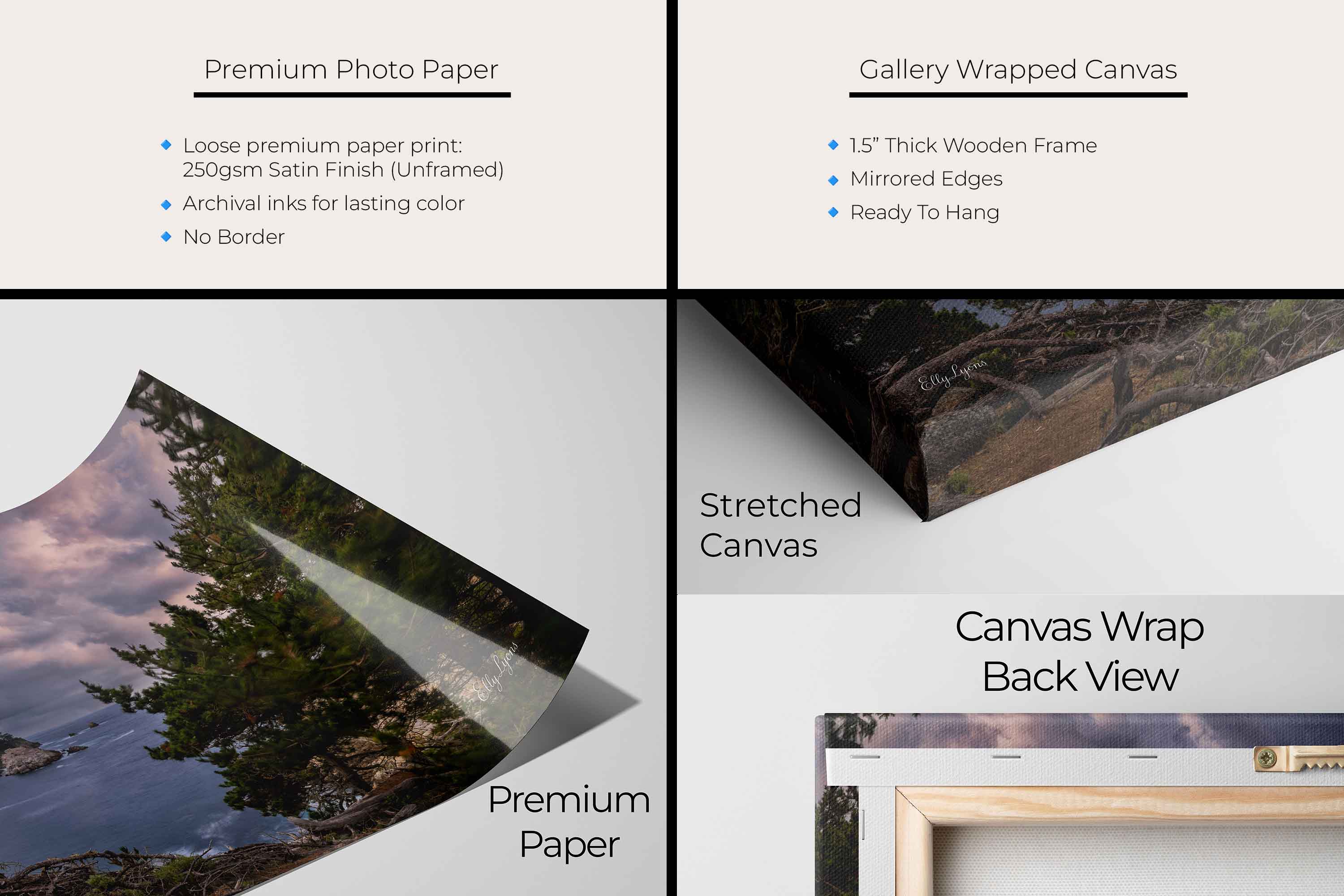 California Carmel Point Lobos beach sunset fine art print artwork materials mockup showing premium photo paper and gallery wrapped canvas close up
