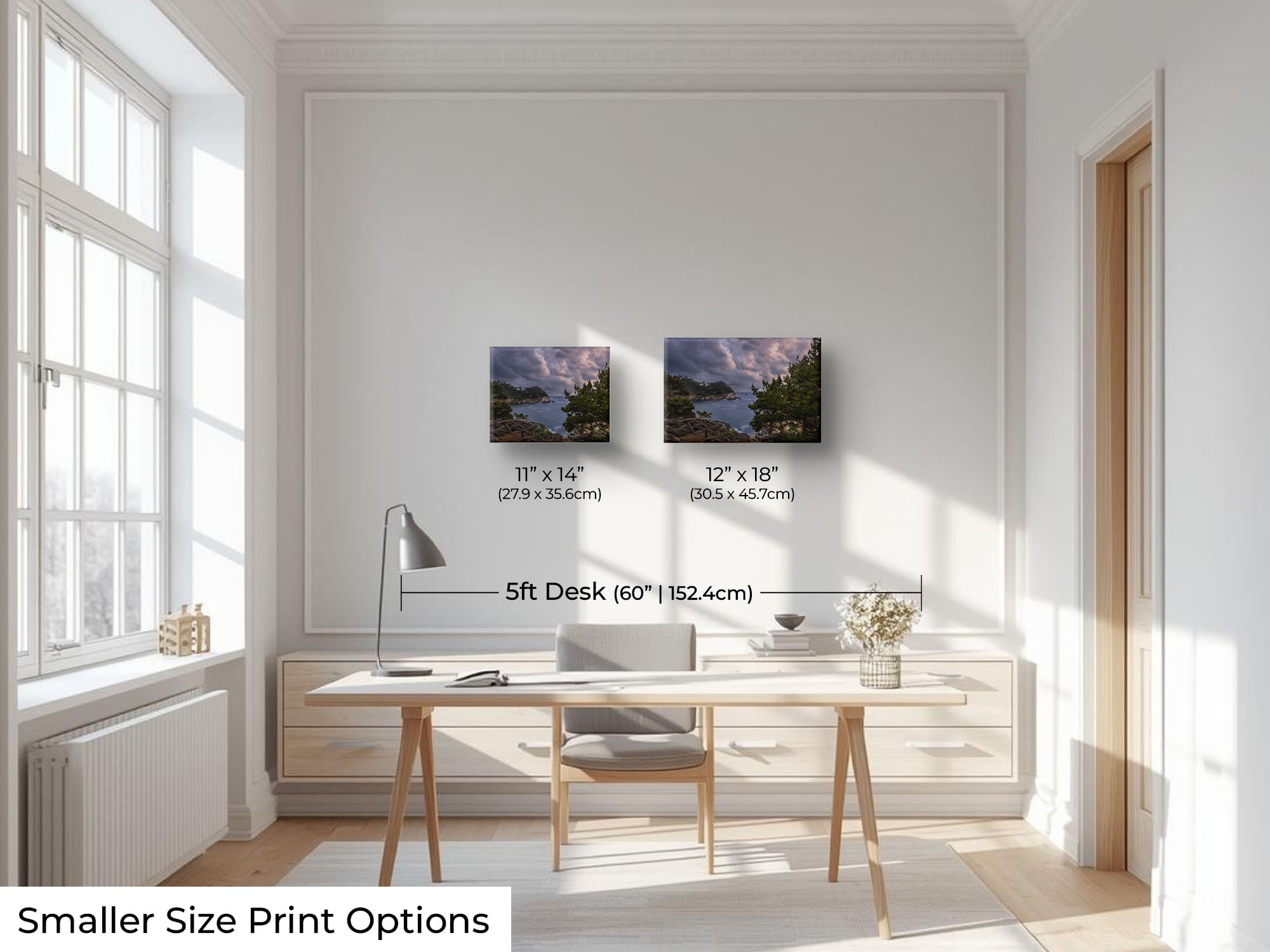 California Carmel Point Lobos beach sunset fine art print wall art size mockup showing 11x14 and 12x18 inch prints above a five foot office desk and chair 