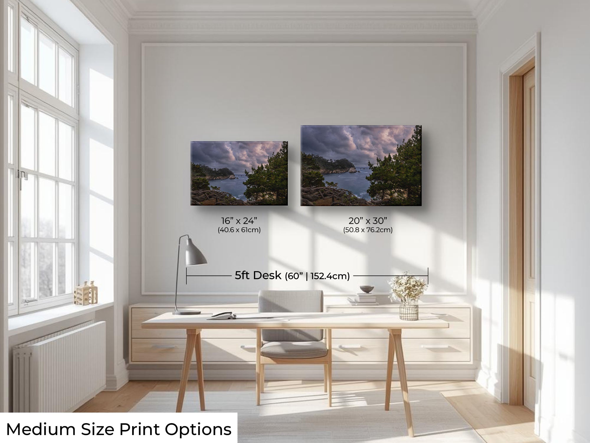 California Carmel Point Lobos beach sunset fine art print wall art size mockup showing 16x24 and 20x30 inch prints above a five foot office desk and chair 