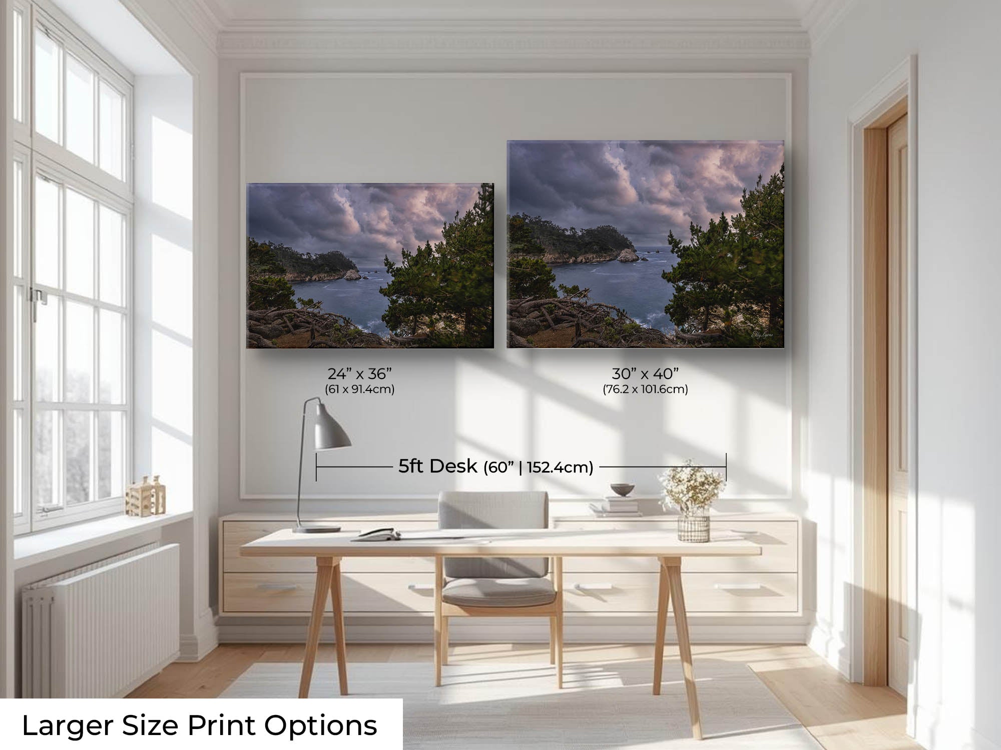 California Carmel Point Lobos beach sunset fine art print wall art size mockup showing 24x36 and 30x40 inch prints above a five foot office desk and chair 