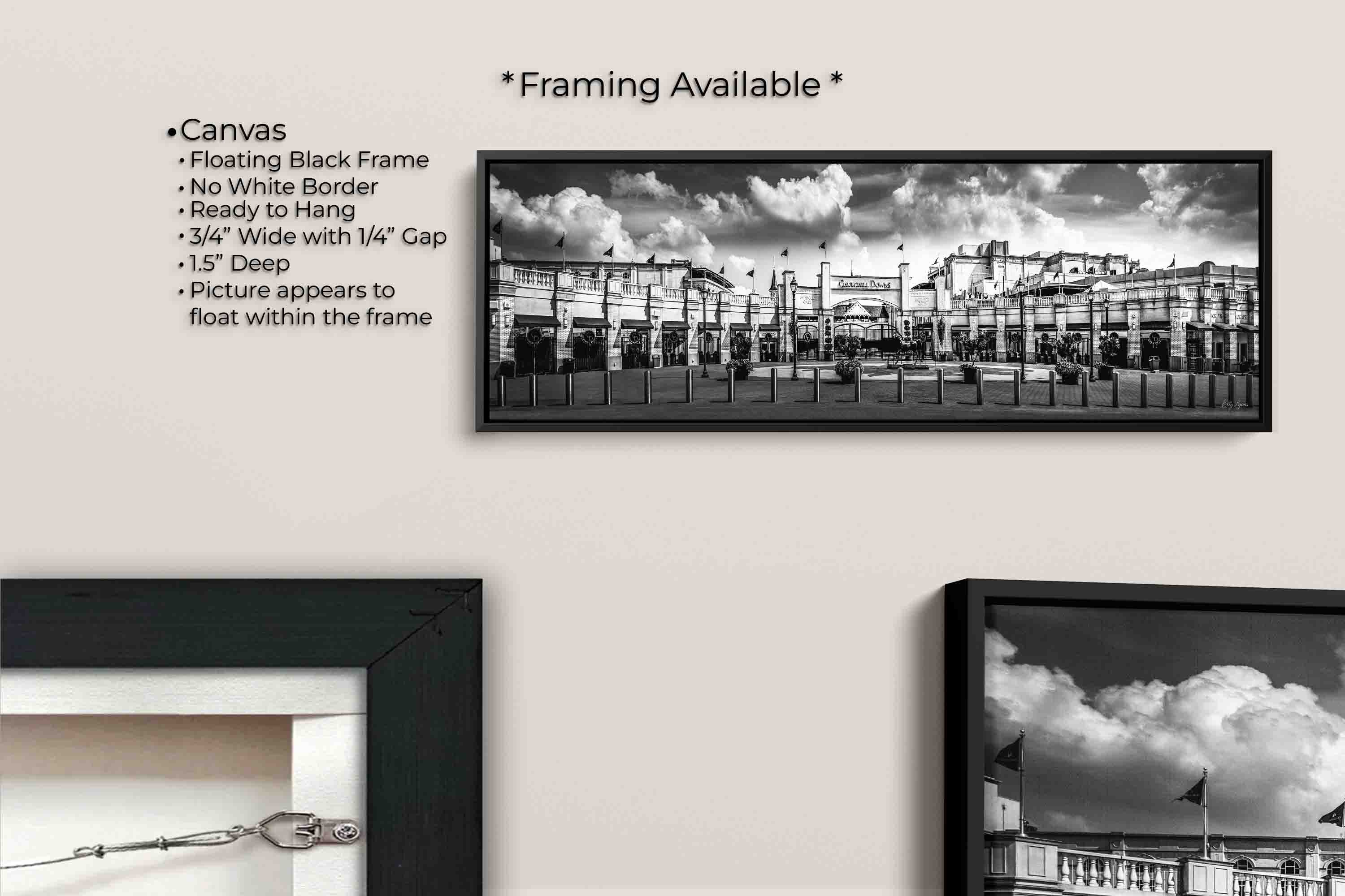Churchill Downs panoramic black and white fine art print canvas wall art in black float frame, canvas framing option details
