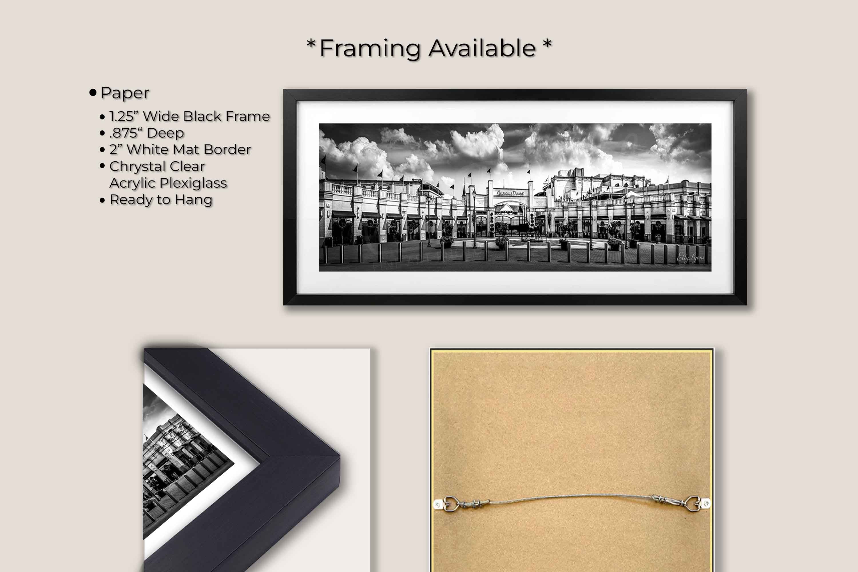 Churchill Downs panoramic black and white fine art print in black frame with white mat, paper and framing option details