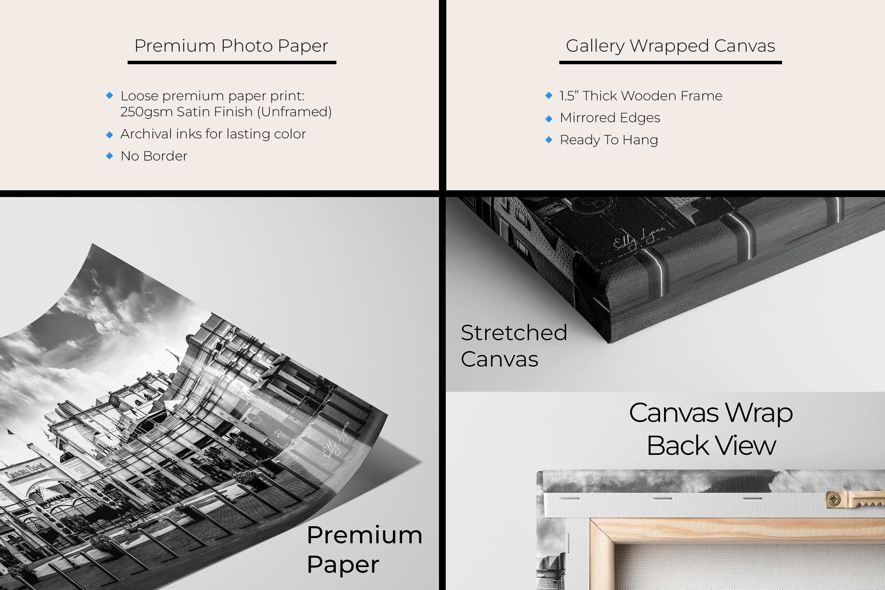 Churchill Downs panoramic black and white fine art print artwork materials mockup showing premium photo paper and gallery wrapped canvas close up