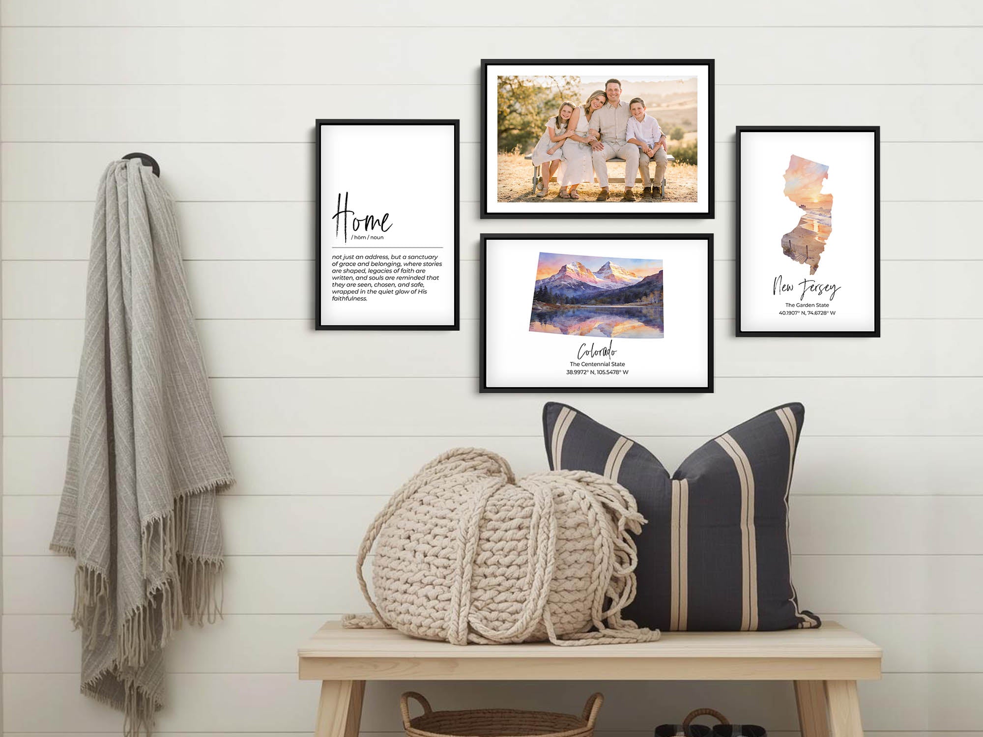 Colorado watercolor state map with Maroon Bells wall art print styled in a family gallery wall