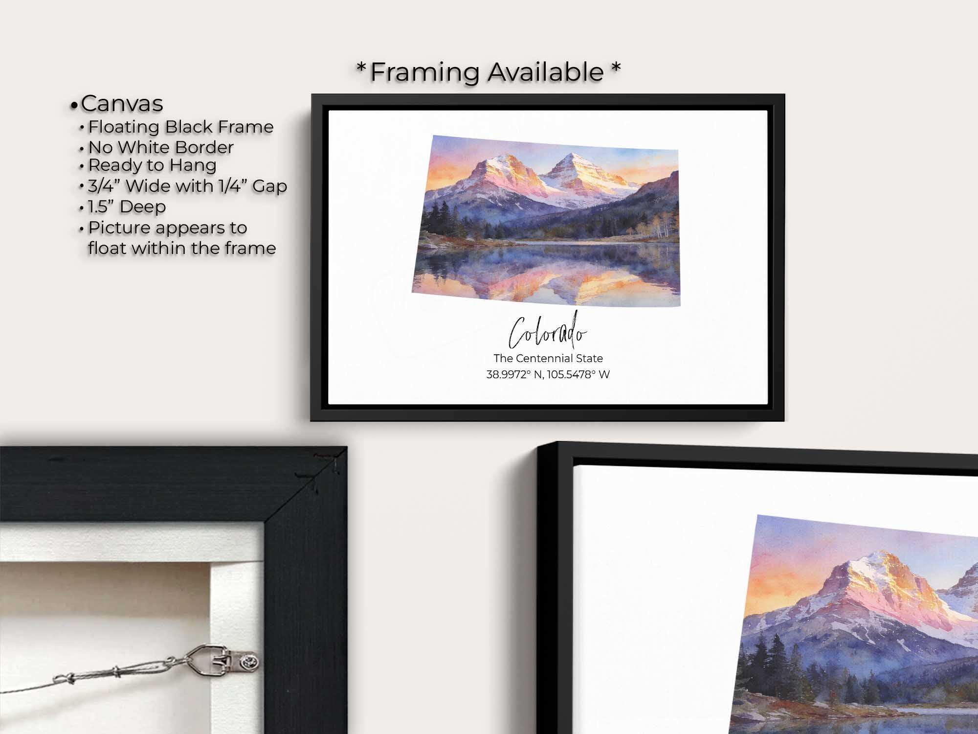 Colorado watercolor state map with Maroon Bells wall art print canvas wall art in black float frame, canvas framing option details