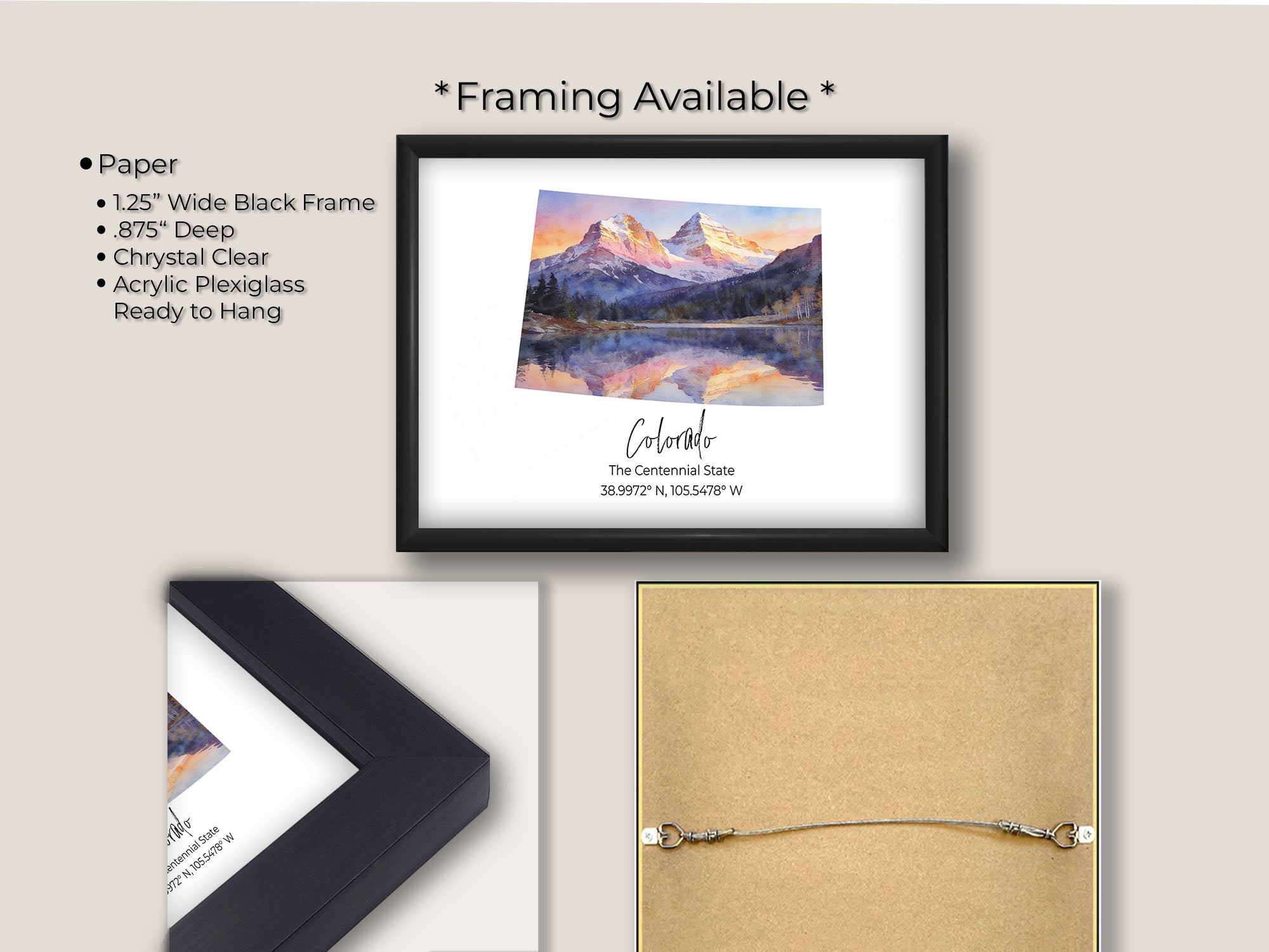 Colorado watercolor state map with Maroon Bells wall art print in black frame, paper and framing option details