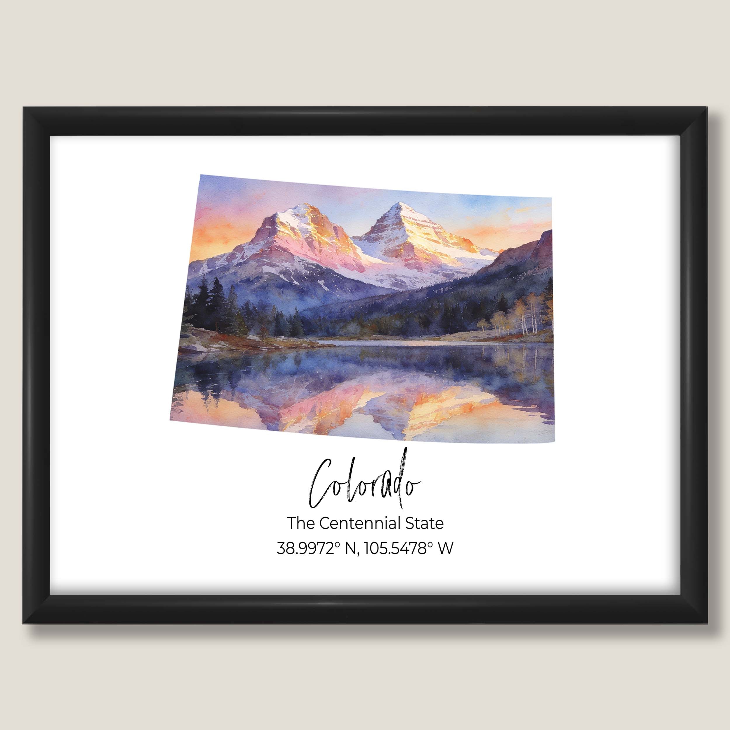 Colorado watercolor state map with Maroon Bells wall art print