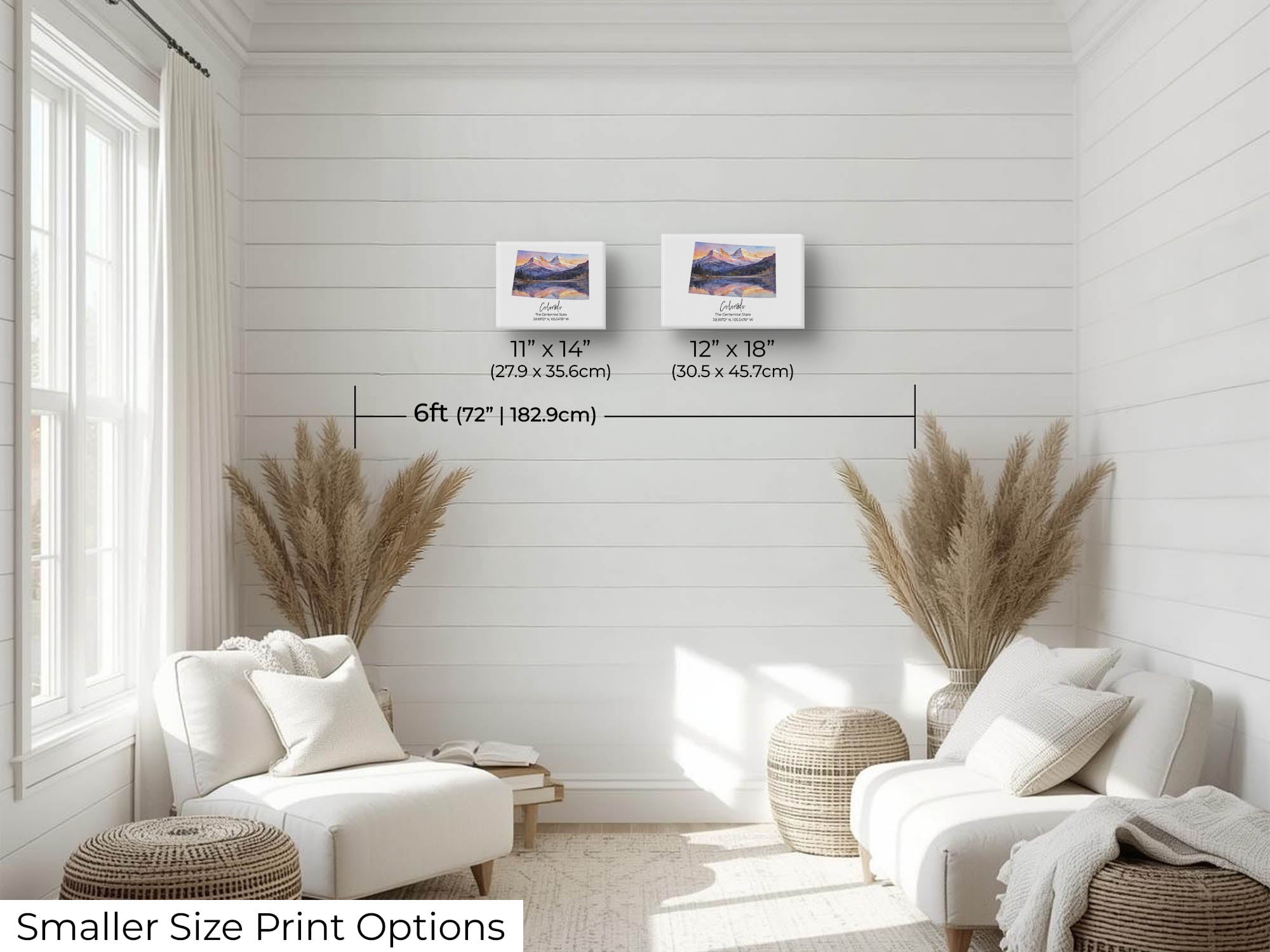 Colorado watercolor state map with Maroon Bells wall art print wall art size mockup showing 11x14 and 12x18 inch prints above a reading chair by a six foot wall