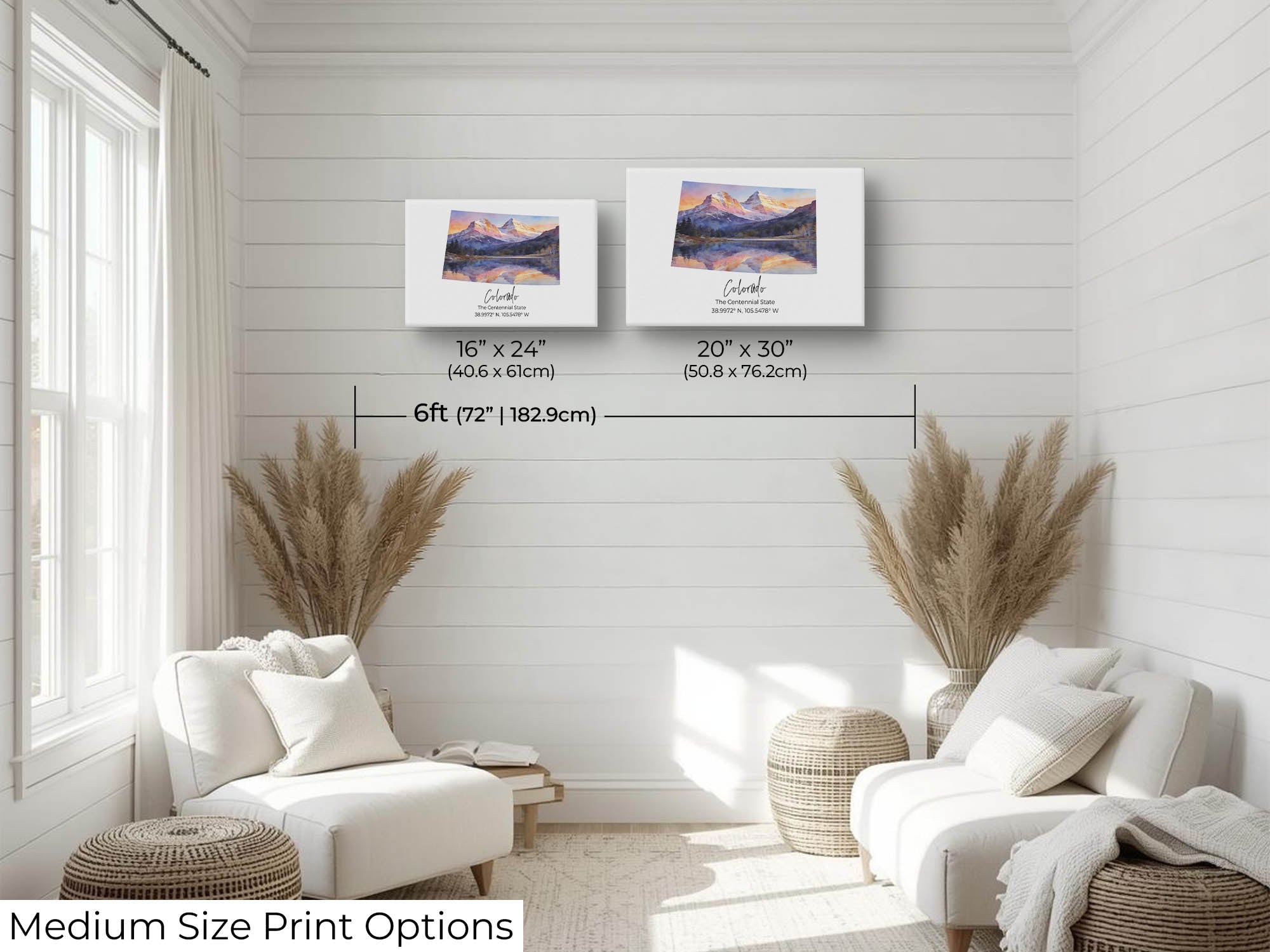 Colorado watercolor state map with Maroon Bells wall art print wall art size mockup showing 16x24 and 20x30 inch prints above a reading chair by a six foot wall