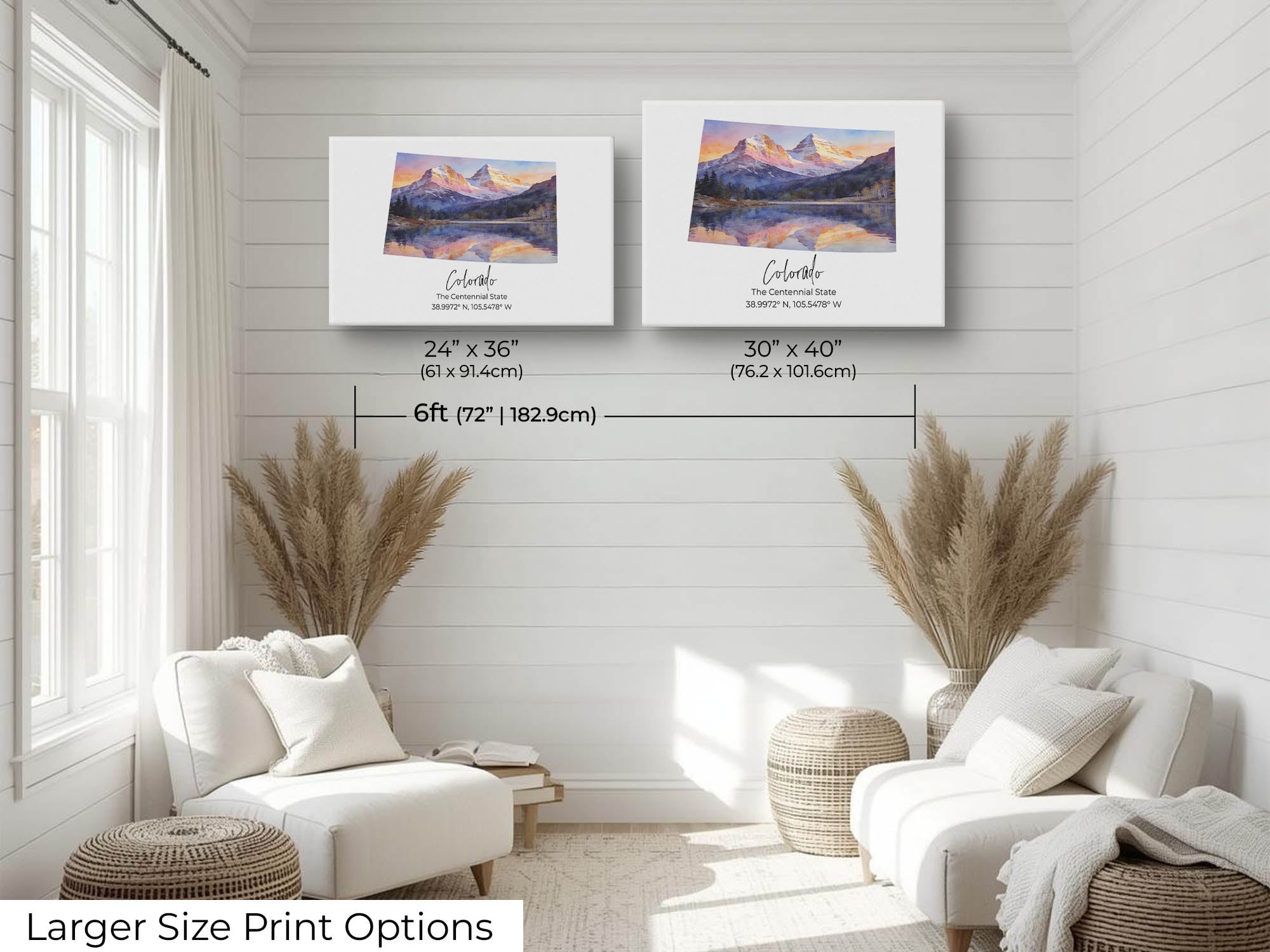 Colorado watercolor state map with Maroon Bells wall art print wall art size mockup showing 24x36 and 30x40 inch prints above a reading chair by a six foot wal