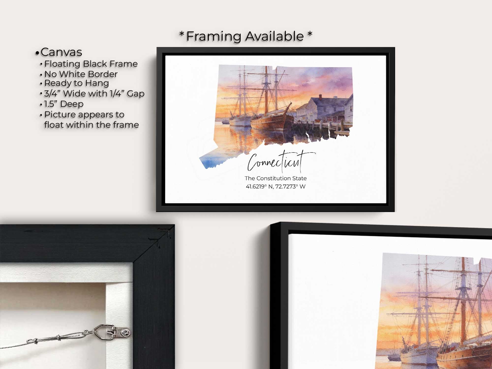 Connecticut watercolor state map with mystic seaport wall art print canvas wall art in black float frame, canvas framing option details