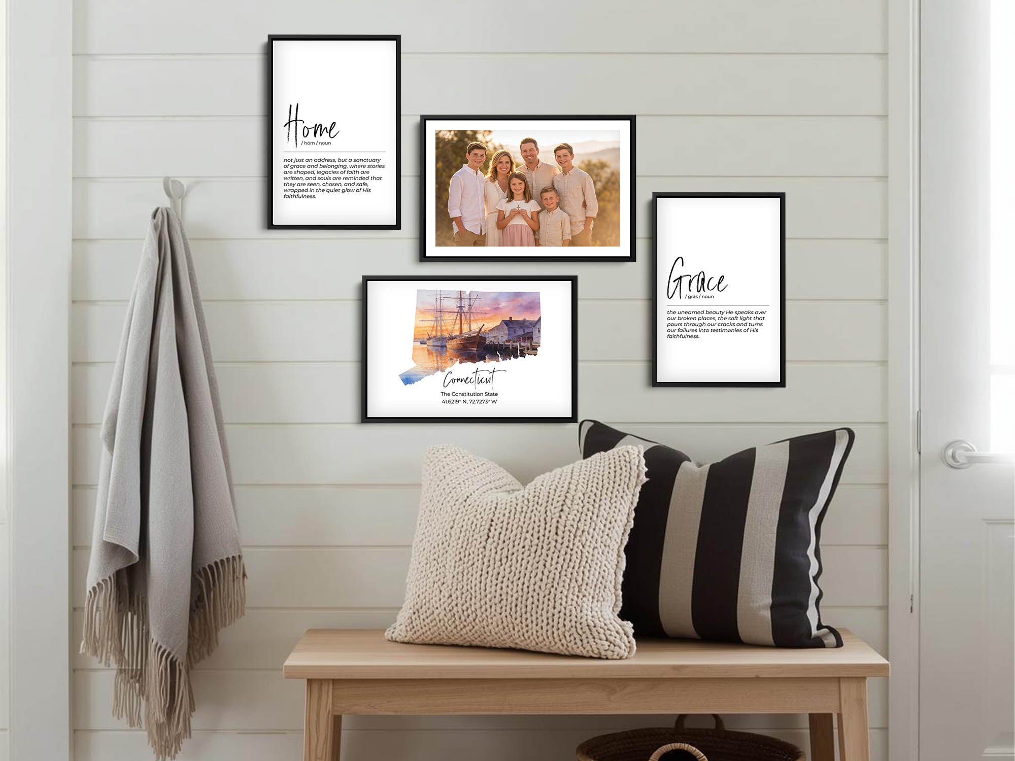 Connecticut watercolor state map with mystic seaport wall art print styled in a family gallery wall