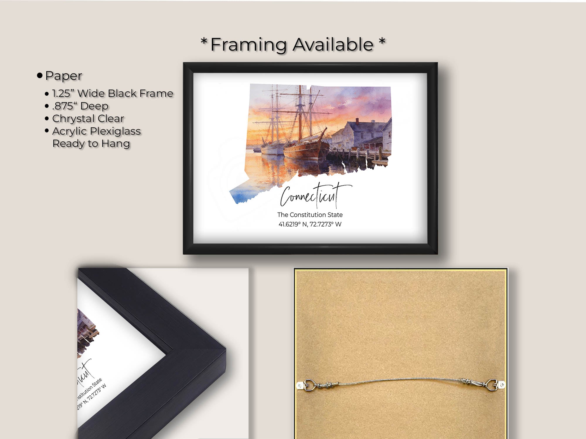Connecticut watercolor state map with mystic seaport wall art print in black frame, paper and framing option details