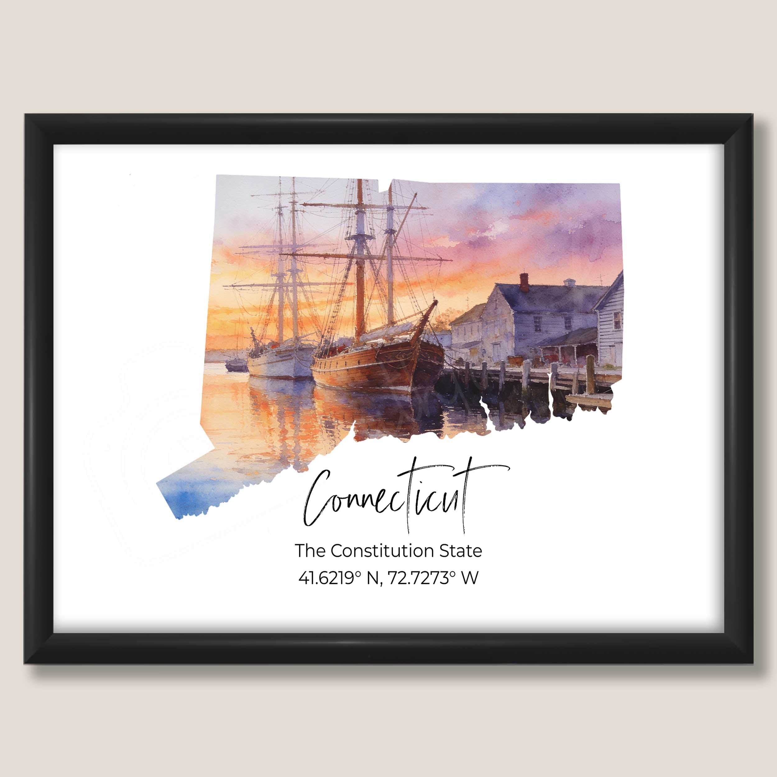 Connecticut watercolor state map with mystic seaport wall art print
