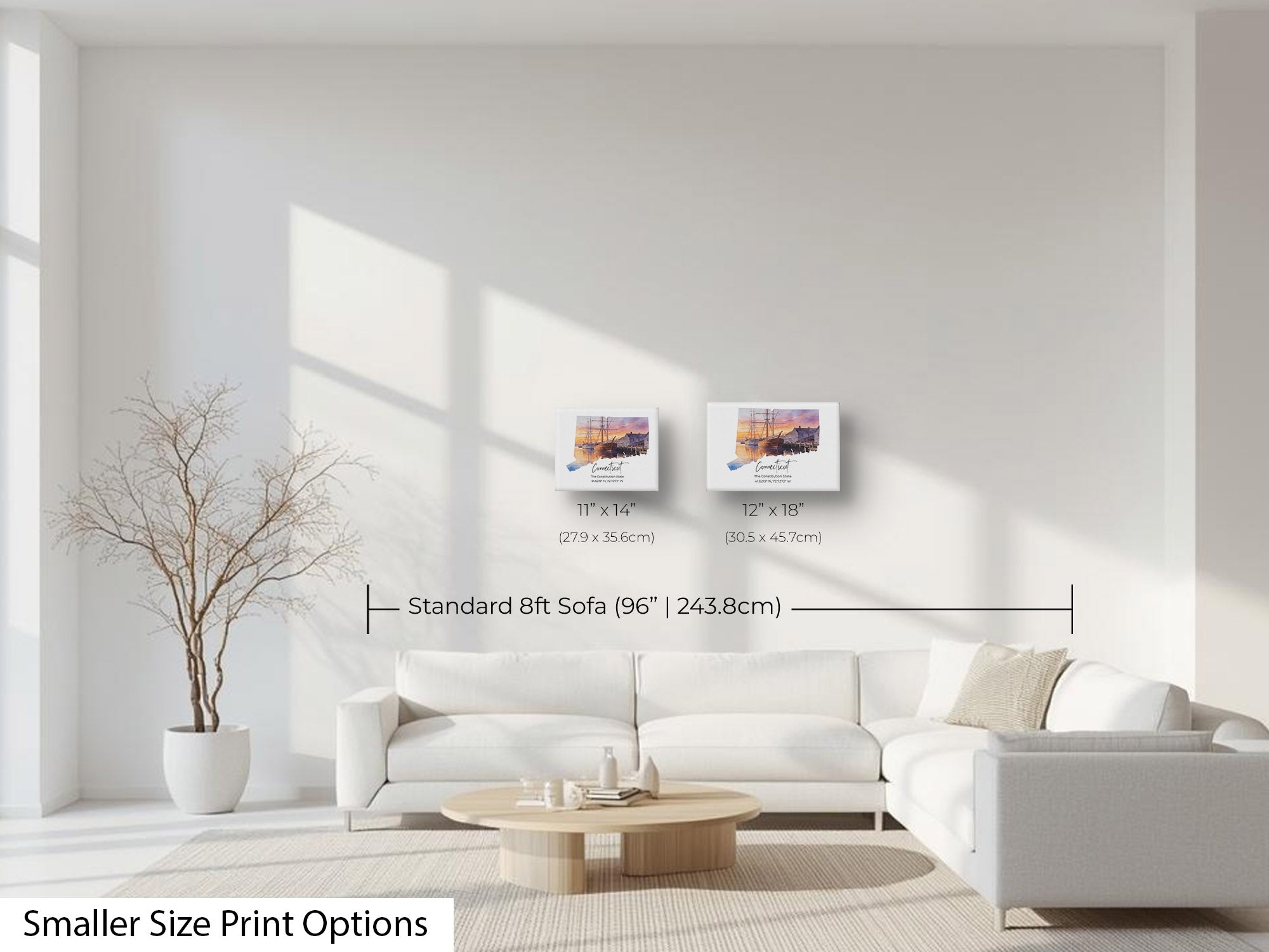 Connecticut watercolor state map with mystic seaport wall art print wall art size mockup showing 11x14 and 12x18 inch prints above an eight foot sofa 