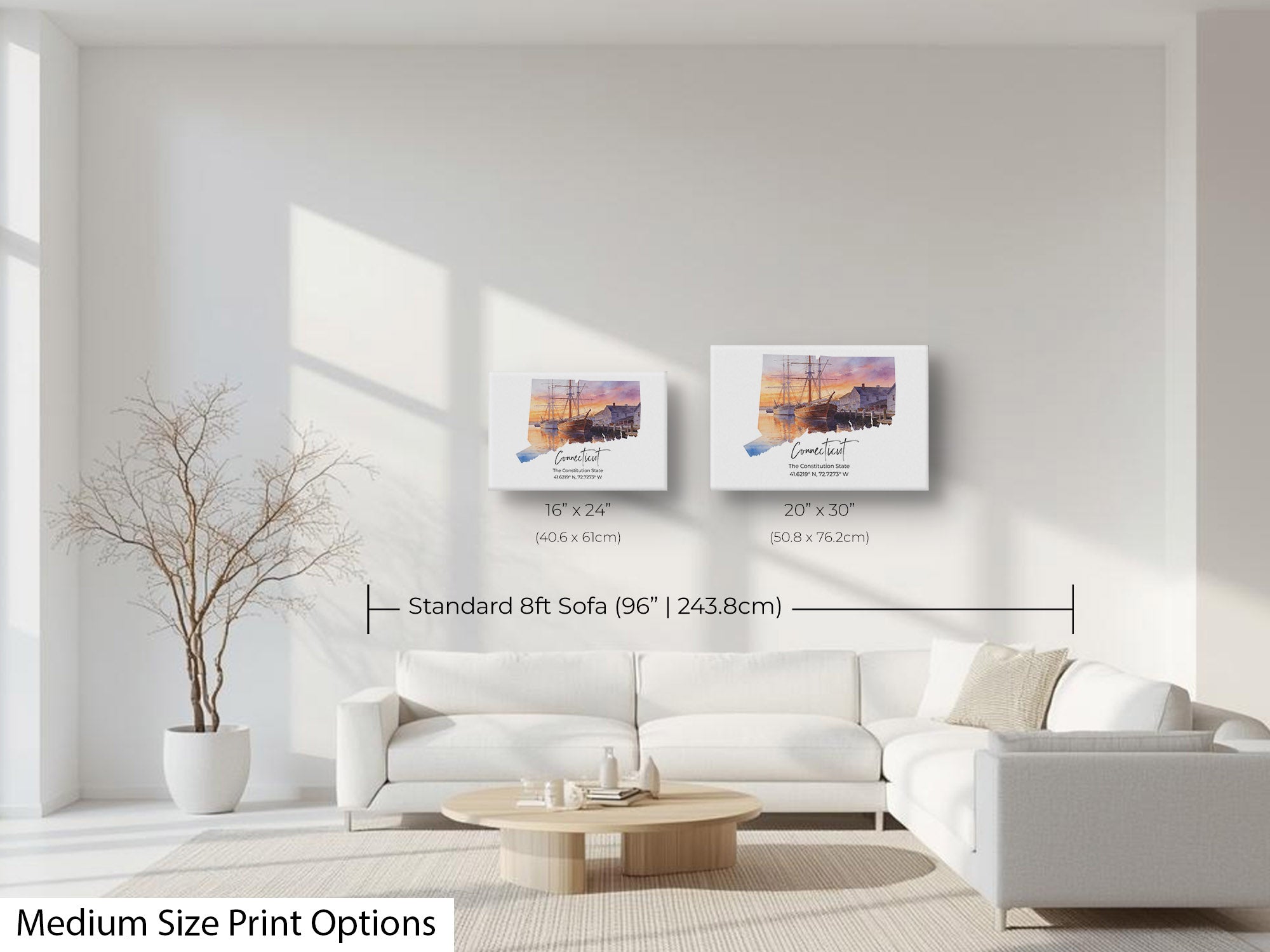 Connecticut watercolor state map with mystic seaport wall art print wall art size mockup showing 16x24 and 20x30 inch prints above an eight foot sofa 