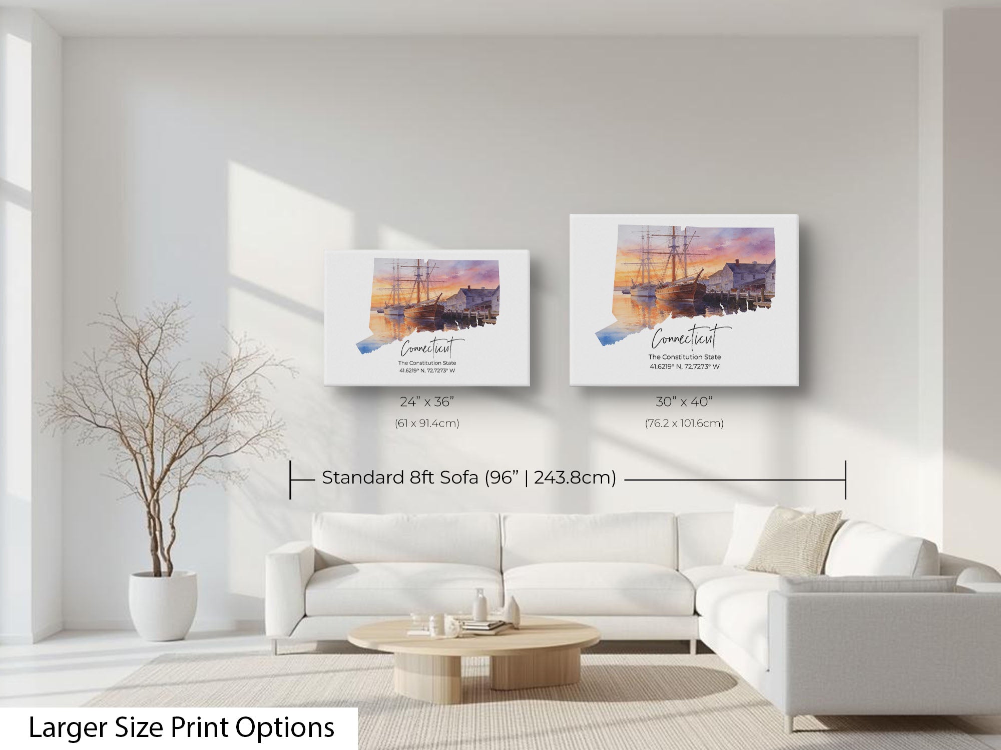 Connecticut watercolor state map with mystic seaport wall art print wall art size mockup showing 24x36 and 30x40 inch prints above an eight foot sofa 