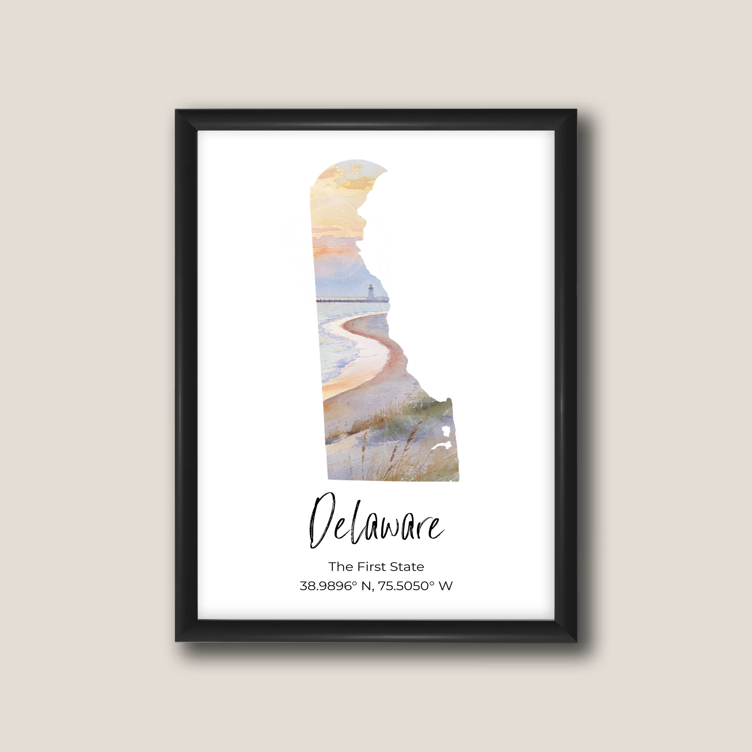 Delaware watercolor state map with Cape Henloath wall art print