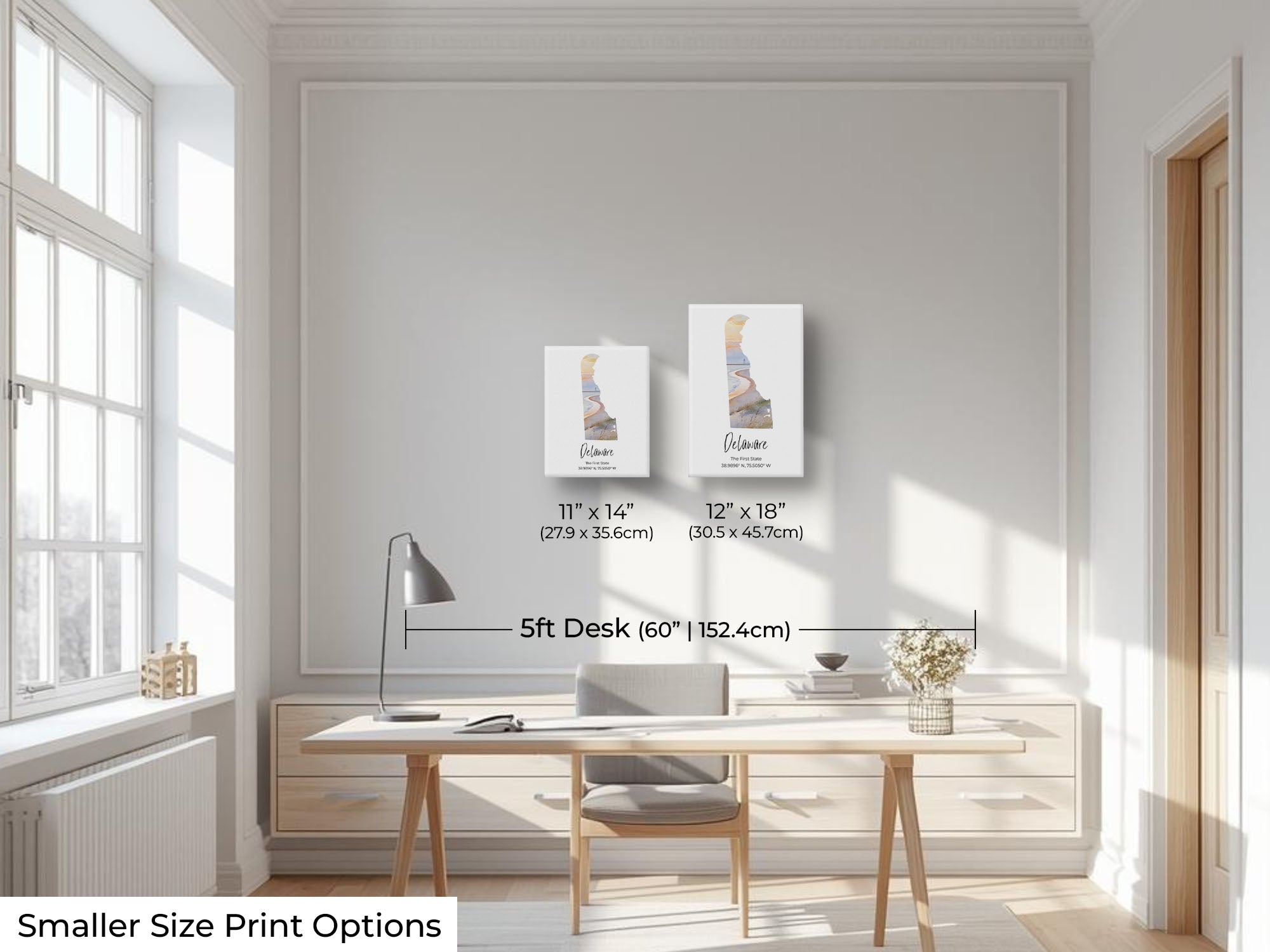 Delaware watercolor state map with Cape Henloath wall art print wall art size mockup showing 11x14 and 12x18 inch prints above a five foot office desk and chair