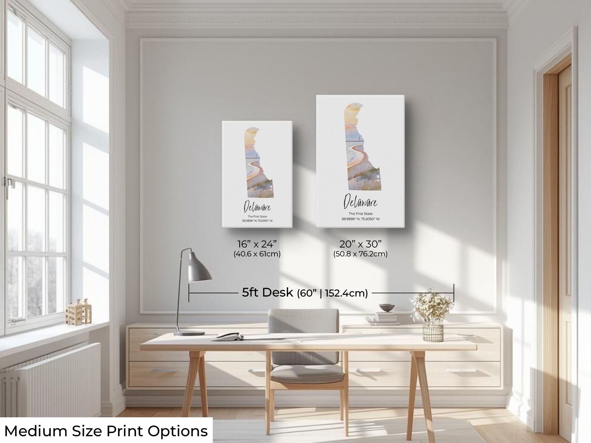 Delaware watercolor state map with Cape Henloath wall art print wall art size mockup showing 16x24 and 20x30 inch prints above a five foot office desk and chair