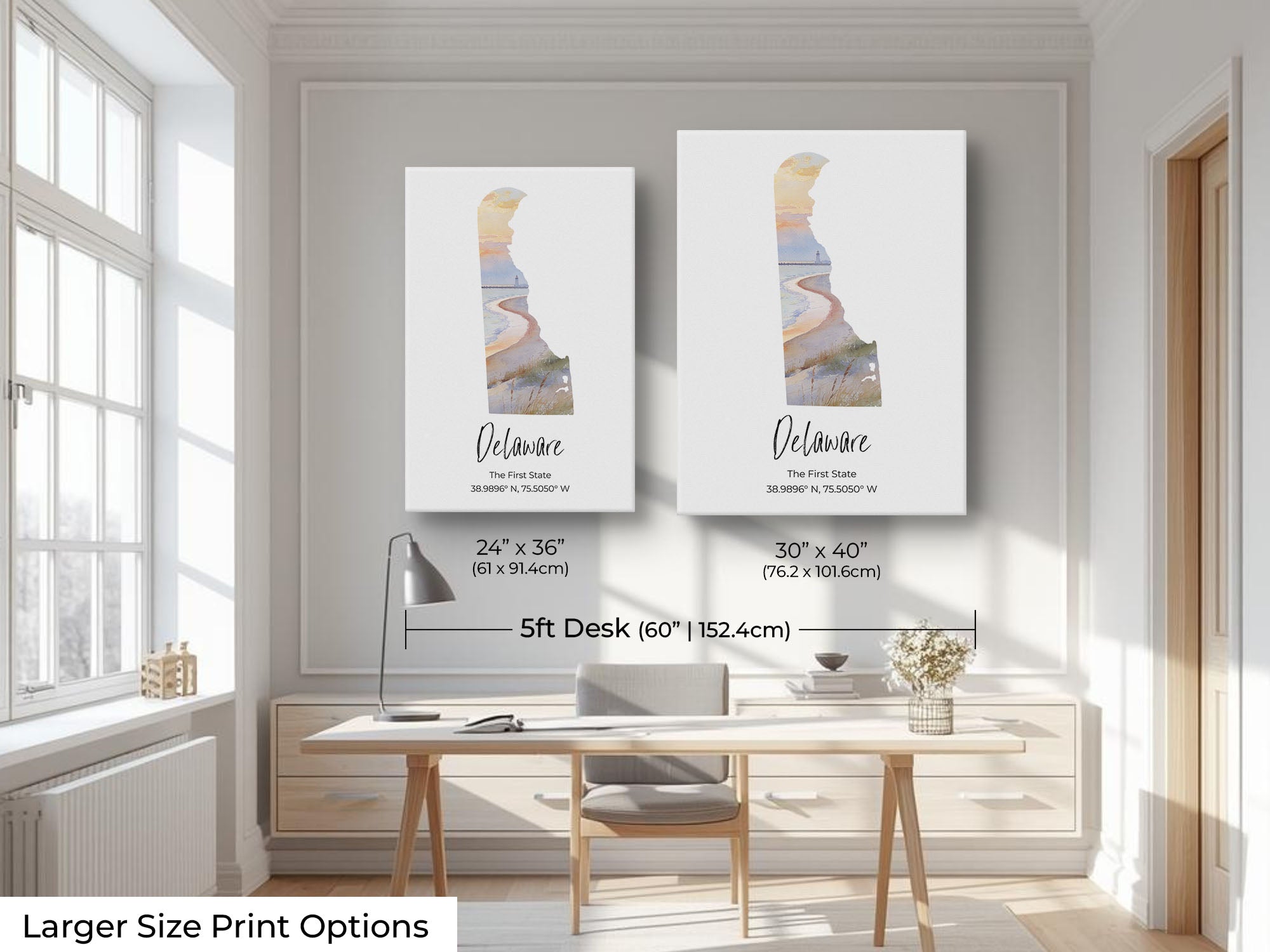 Delaware watercolor state map with Cape Henloath wall art print wall art size mockup showing 24x36 and 30x40 inch prints above a five foot office desk and chair