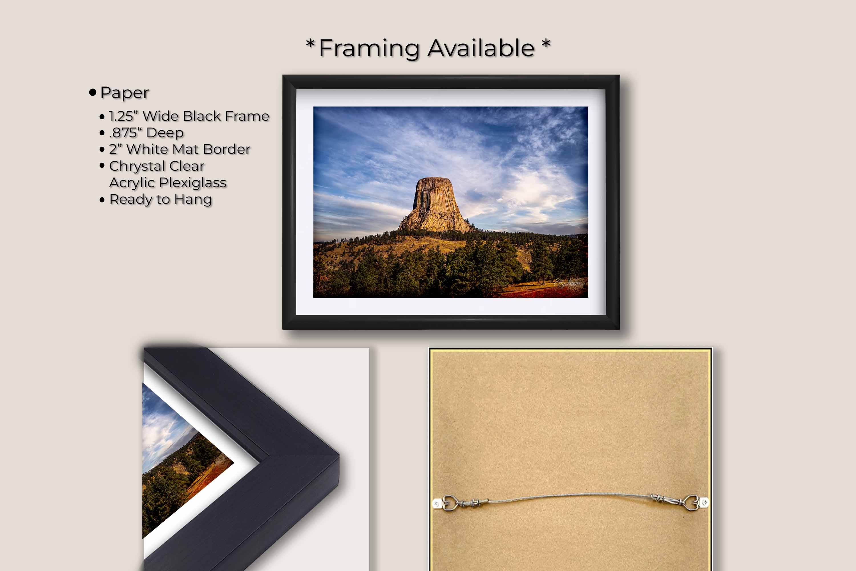 Devil’s Tower Wyoming sunset fine art print in black frame with white mat, paper and framing option details