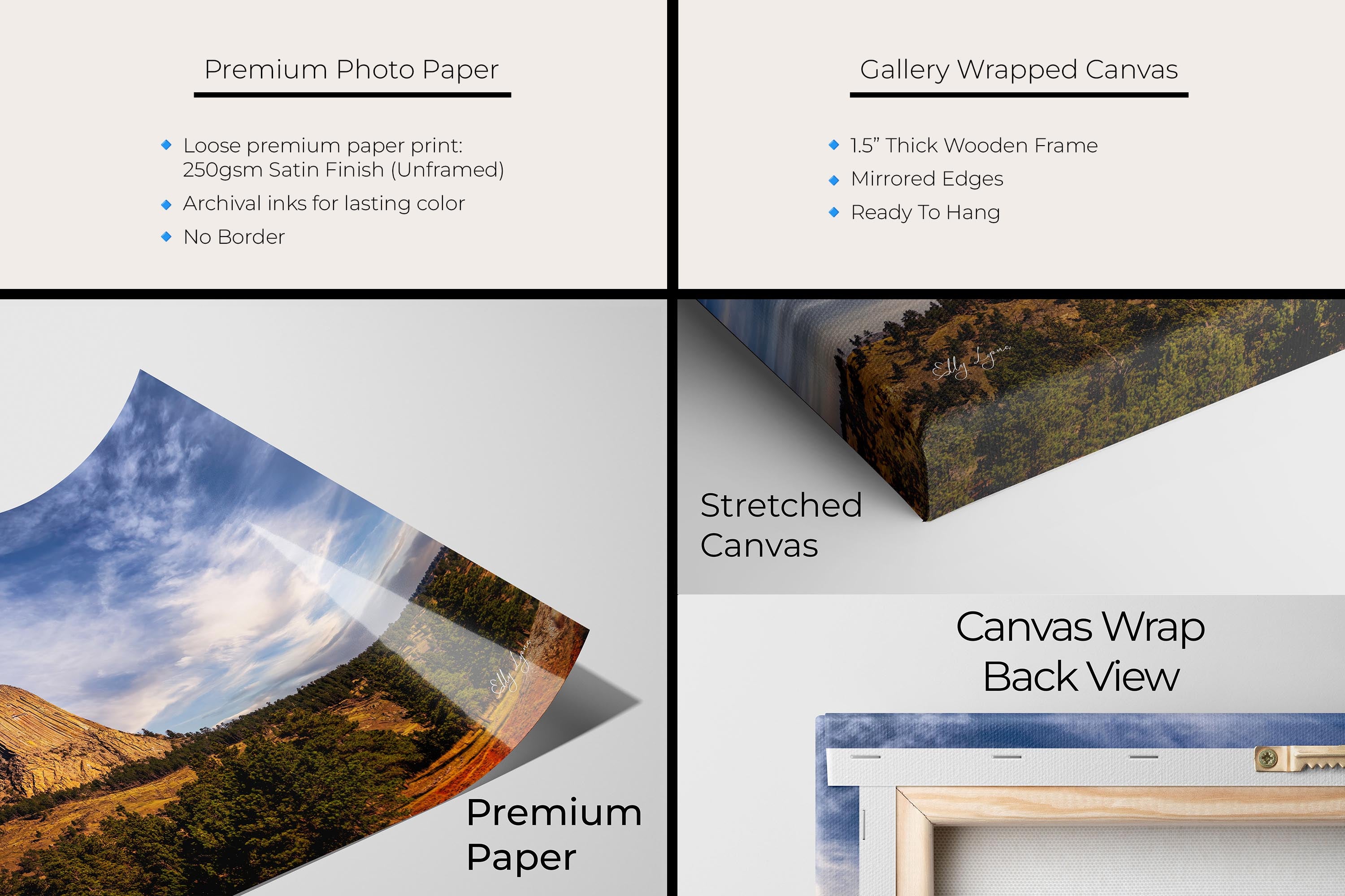 Devil’s Tower Wyoming sunset fine art print artwork materials mockup showing premium photo paper and gallery wrapped canvas close up
